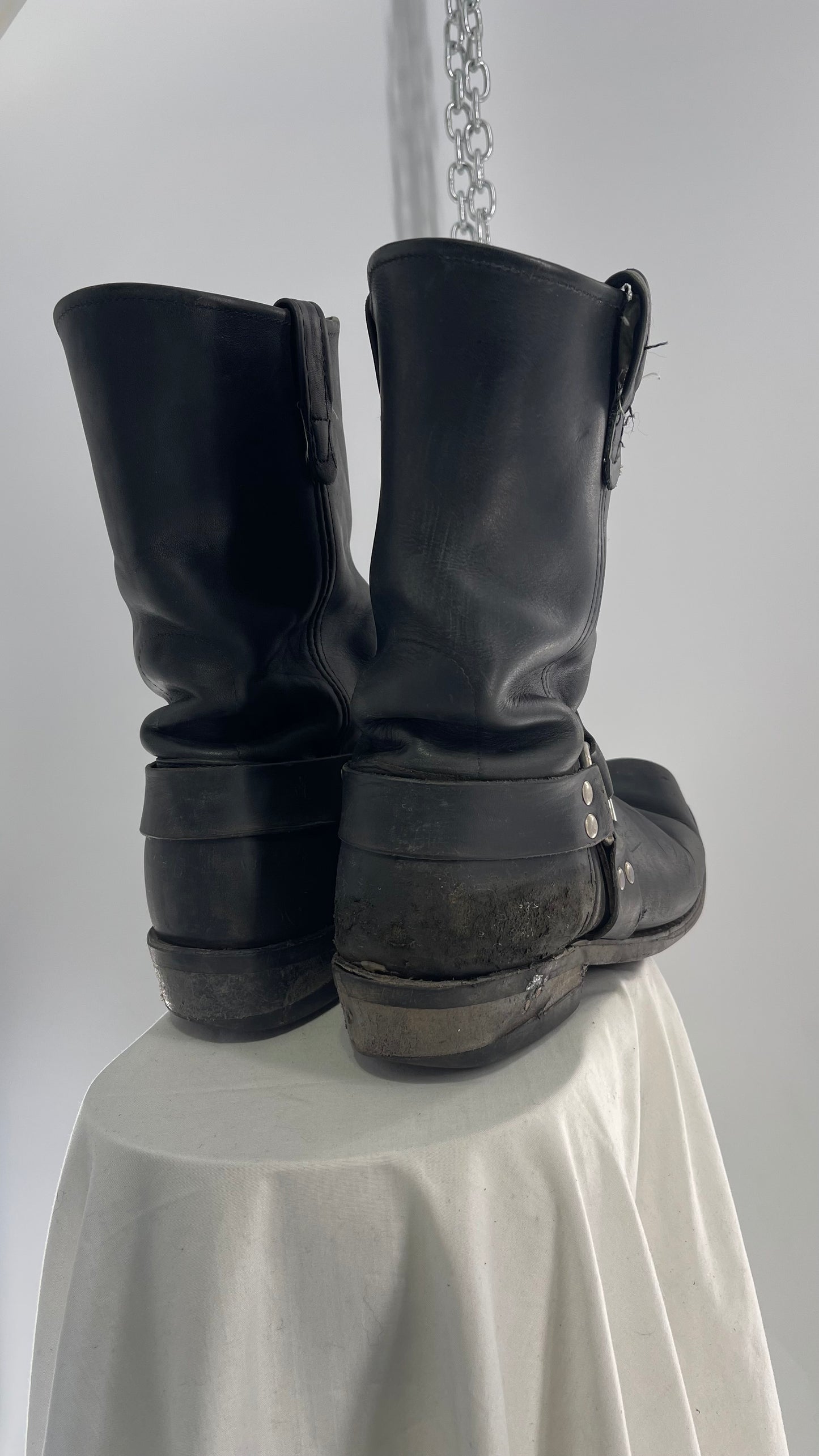 Vintage SIERRA Black Heavy Duty Sloppy Scuffed Distressed Leather Motorcycle Boots (10.5)
