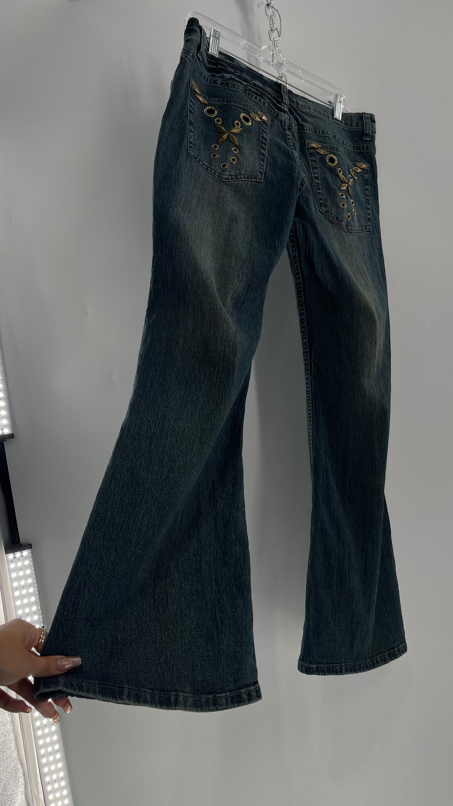 Vintage Blue Pointe Kickflare Medium Wash Jeans with Gold Rhinestone Metal Jewels (13)