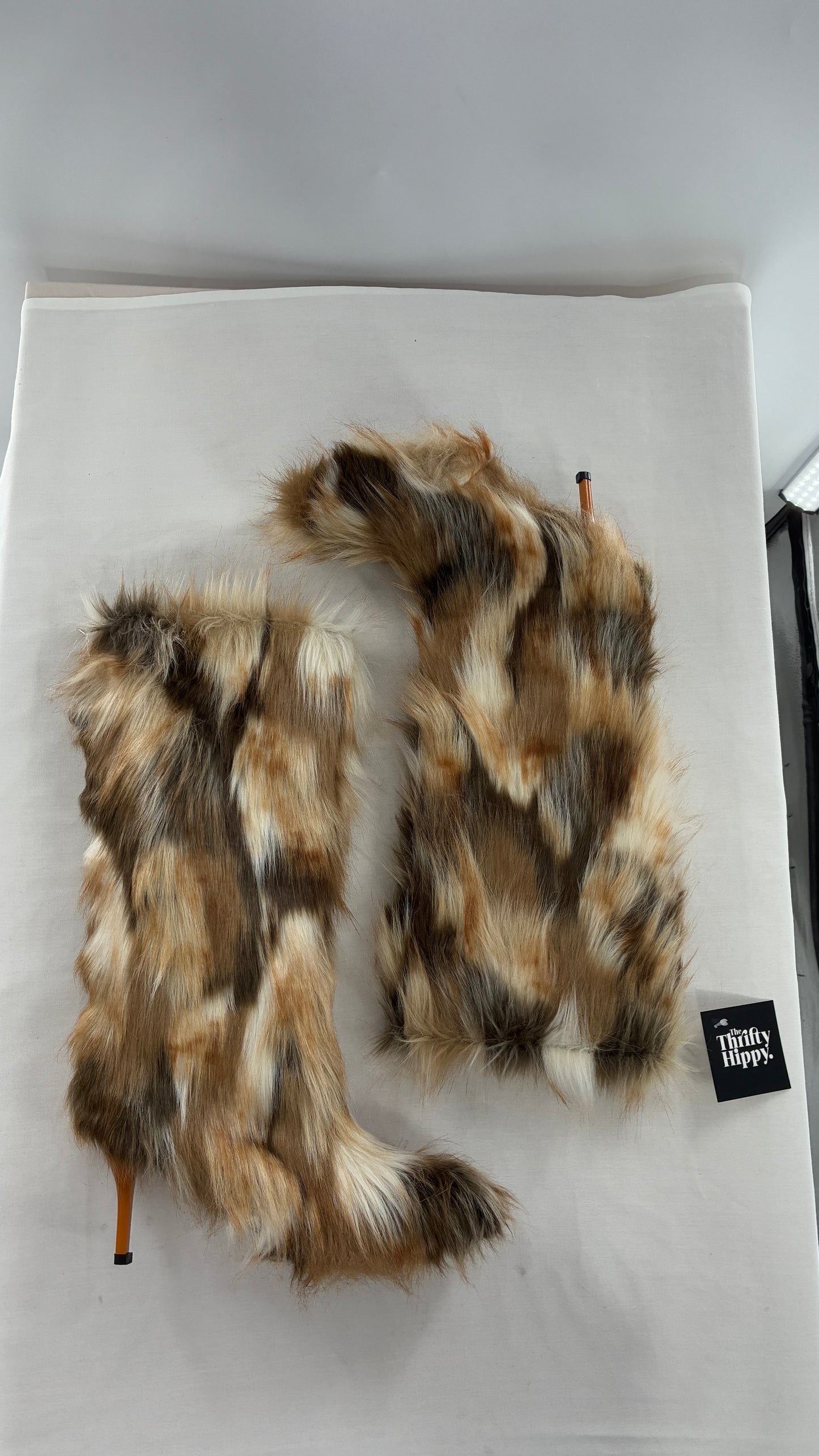 Vintage Mixed Tone Vegan Fur, Knee High, Pointed Toe Boots (43)