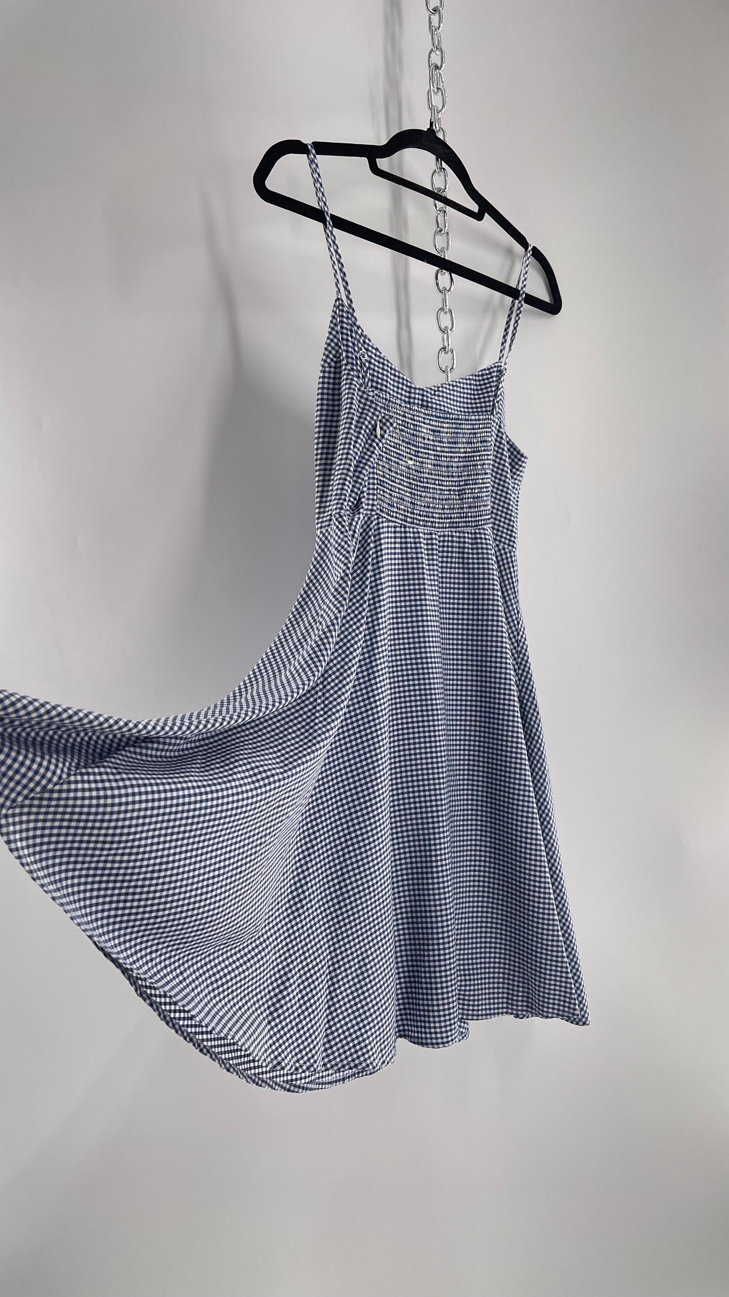 Vintage Style Gingham Blue and White 1950s Circle Skirt Picnic Dress (Medium)