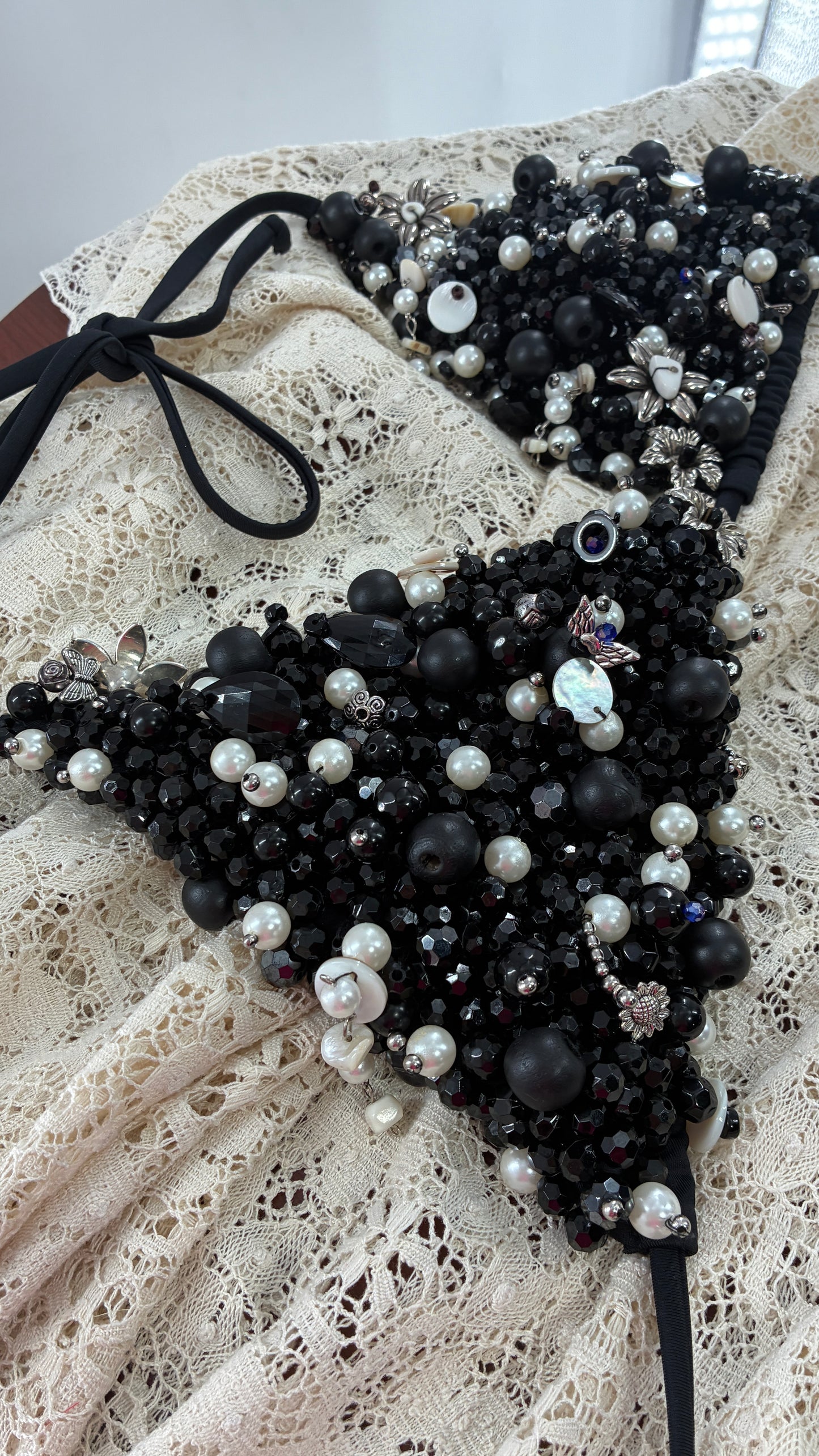 CUSTOM 1/1 Black Swimsuit Covered in Hand Placed and Sewn Beads, Charms, and Gems (MEDIUM)