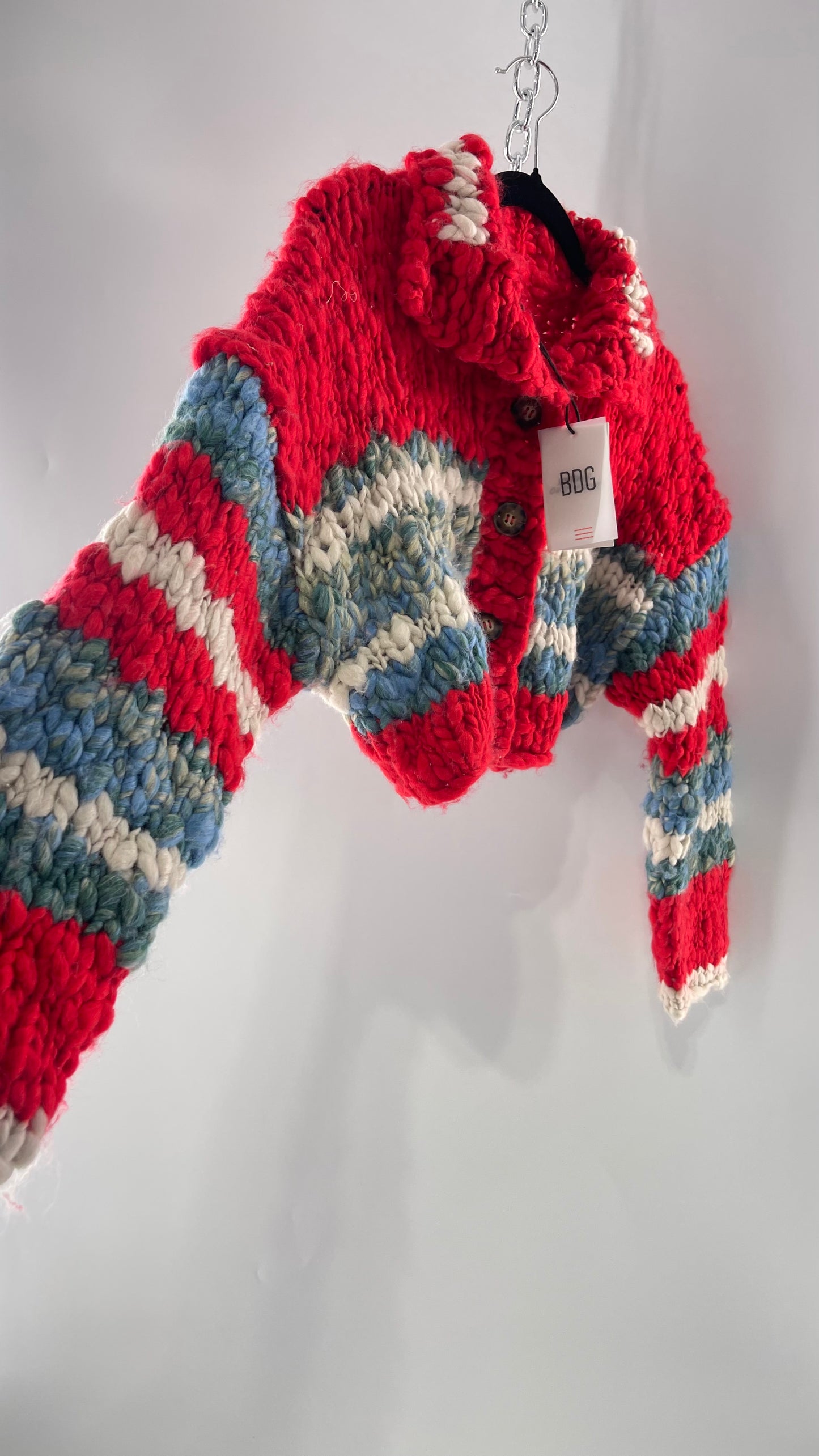 BDG Urban Outfitters Thick Knit Red White Blue Chunky Cropped Striped Cardigan (XS)