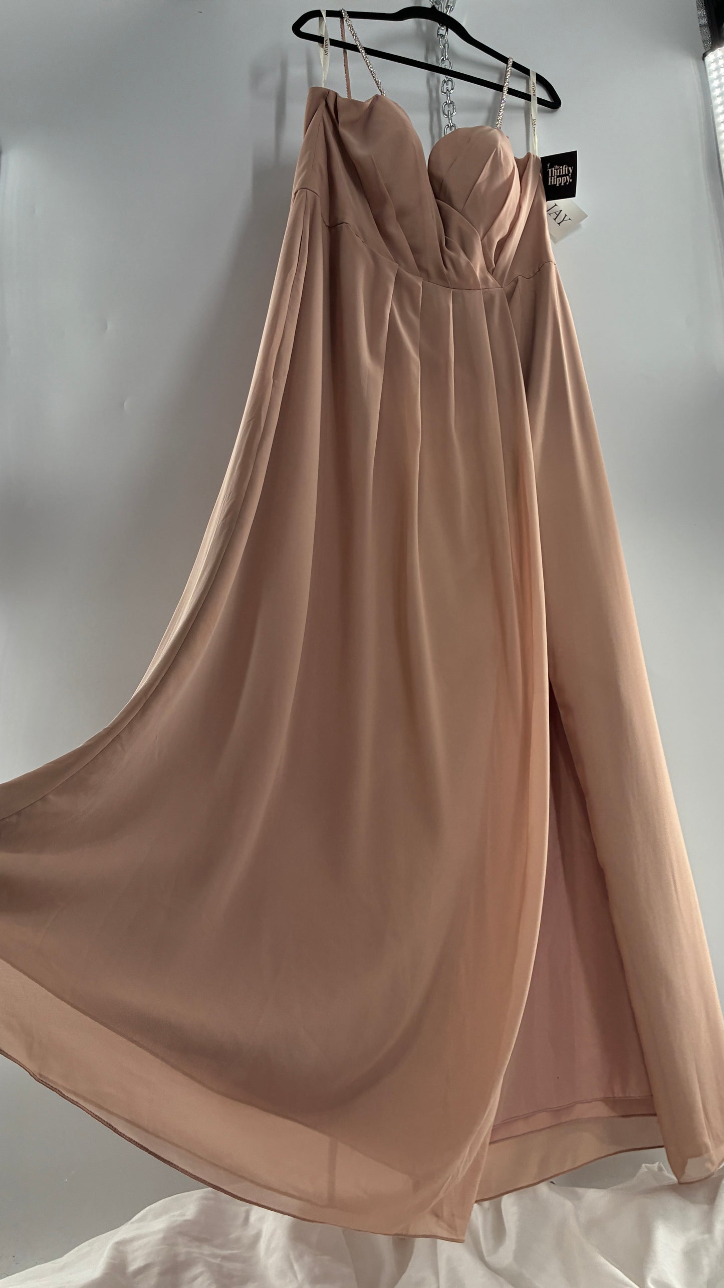 Vintage BARI JAY Nude/Blush Pink Full Length Dress with Embellished Straps and Side Slit Detail (16W)