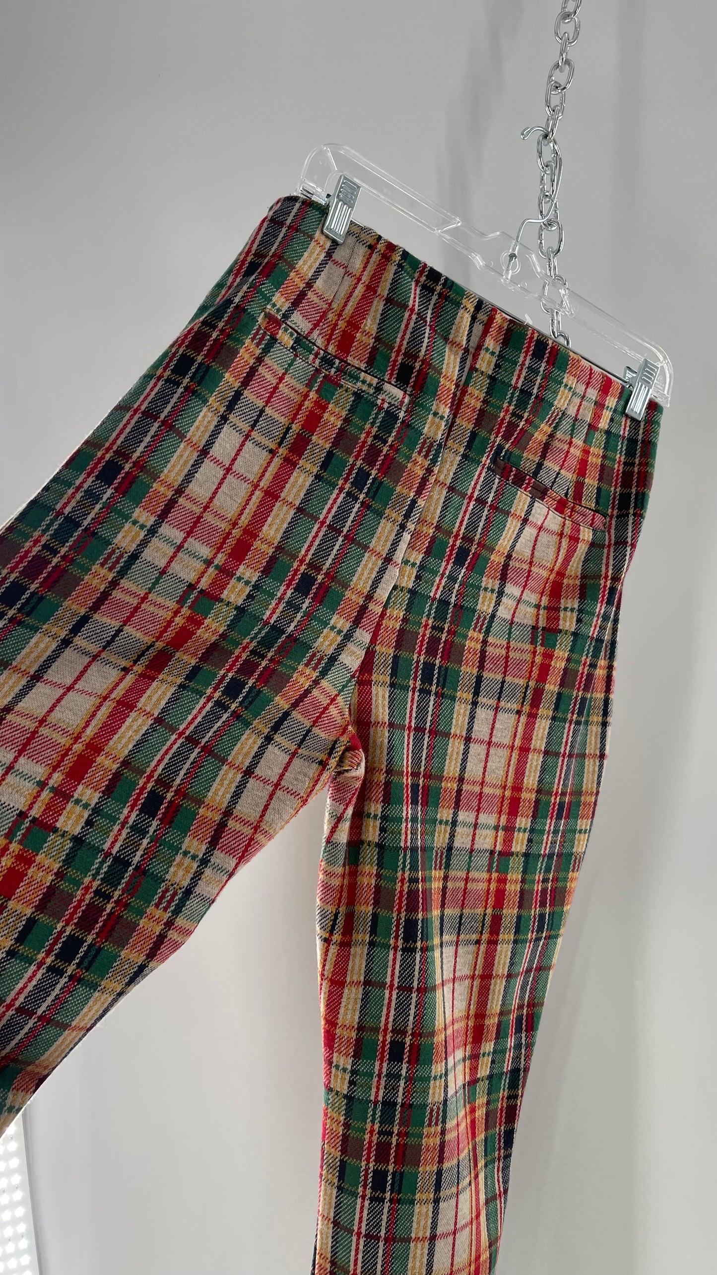 Free People Red\Green Plaid Knit Straight Leg Pants with Elastic Waist ( L)