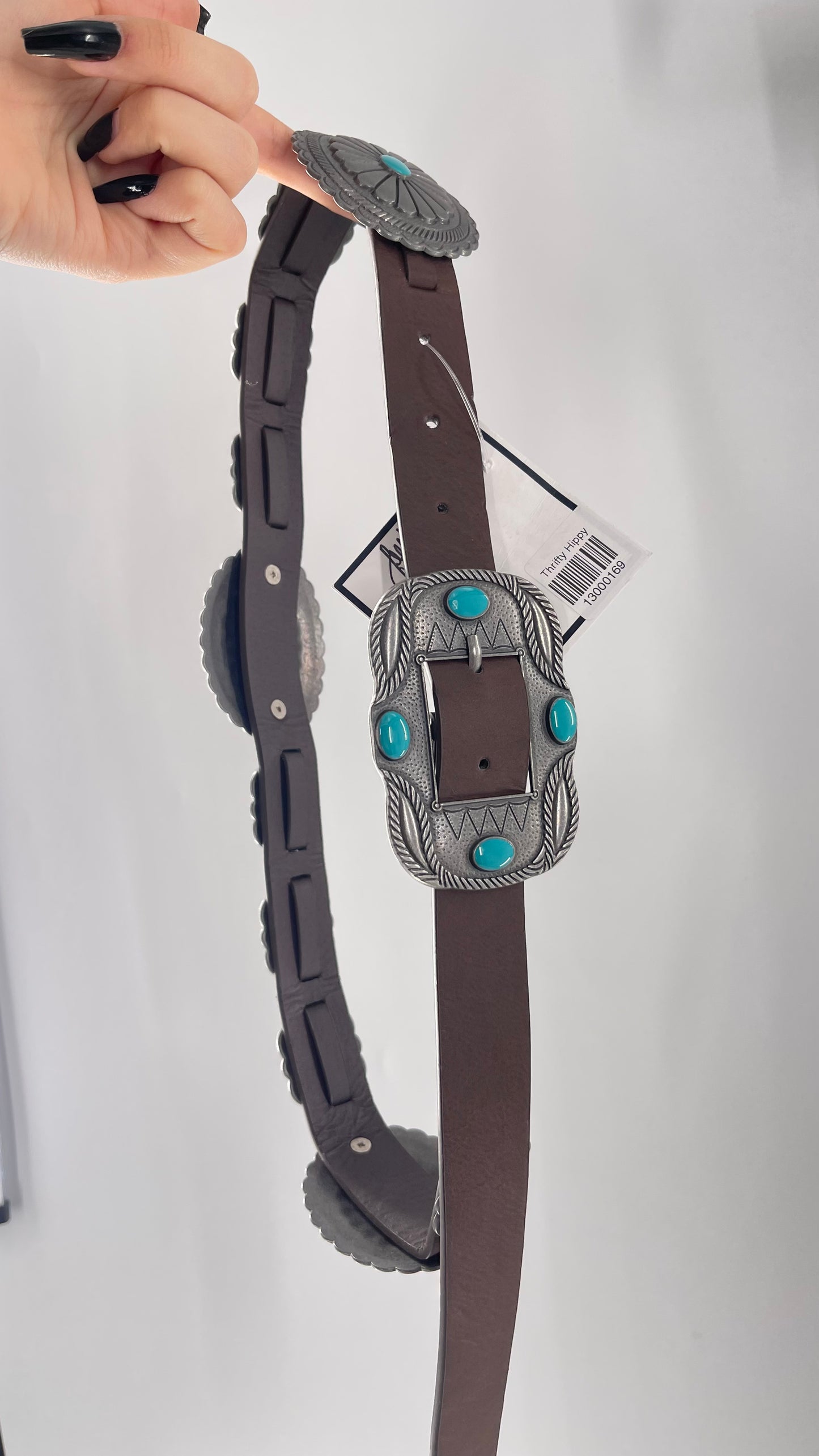 Free People Brown Leather Belt with Heavy Duty Metal Engraved (Small)