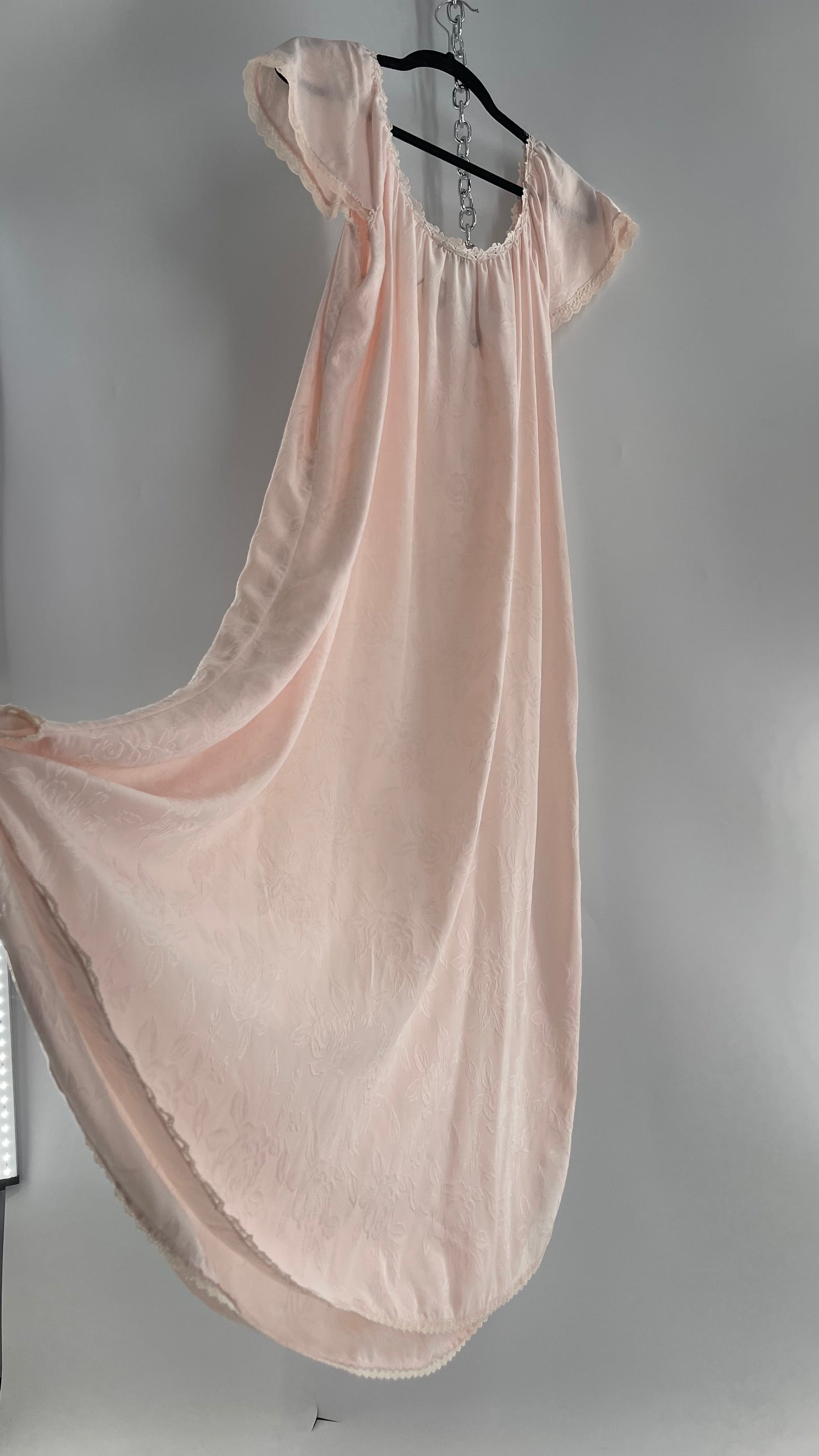 Vintage Christian Dior Pink Night Gown/ Maxi Dress with Floral Embossed Design, Lace Trim and Rosettes (Large)