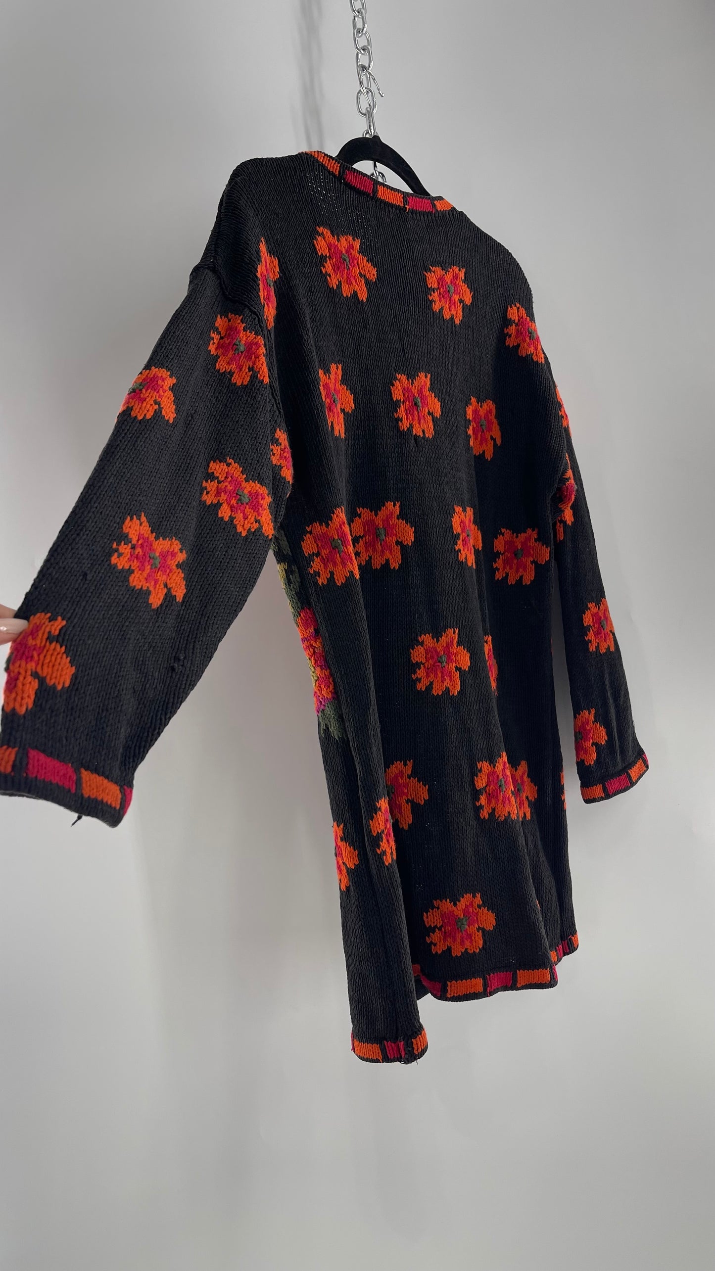 Vintage EXPRESS Black Hand Knit Sweater with Orange and Fuchsia Contrasting Florals (One Size)