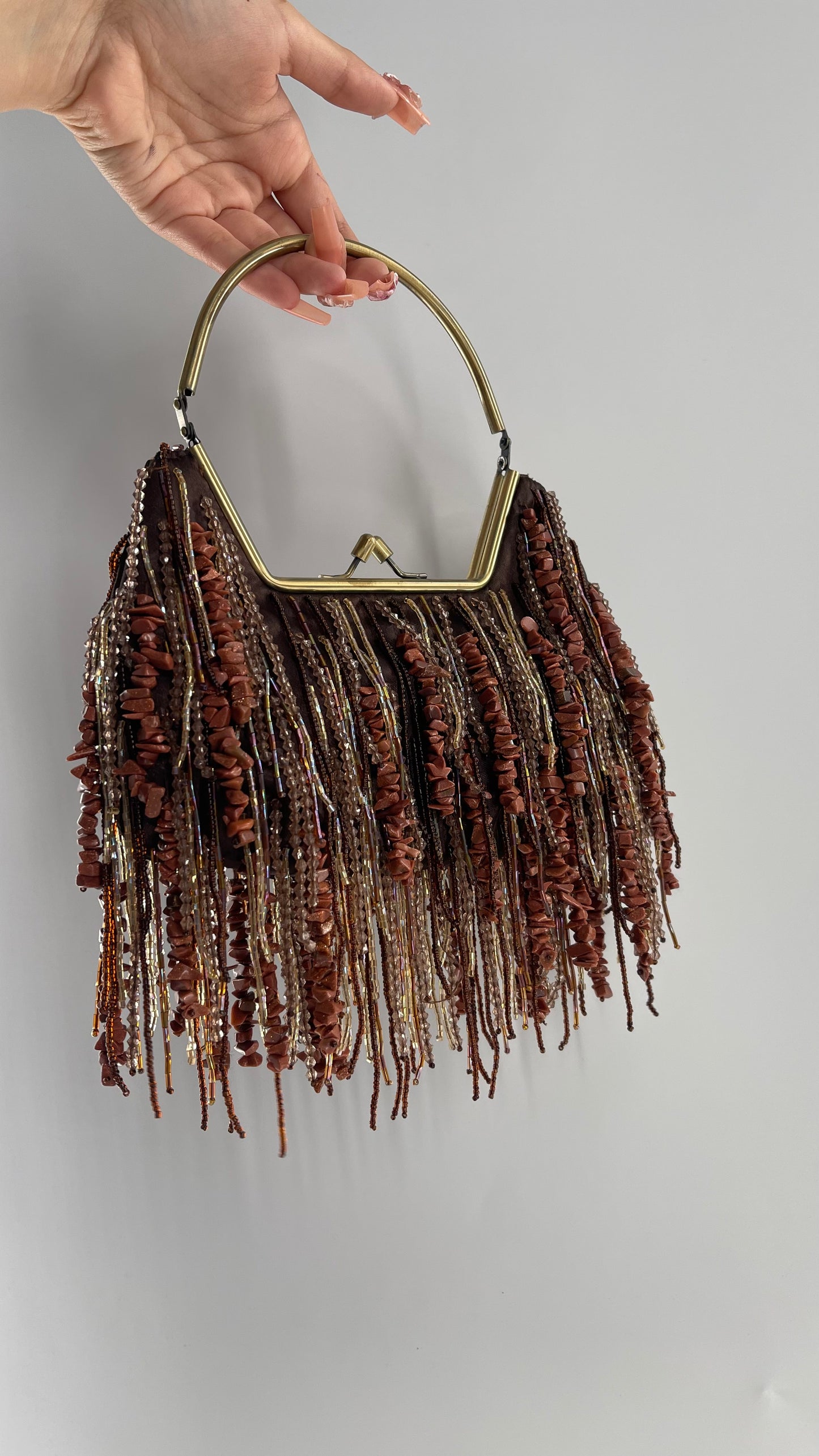 Vintage Purse Covered in Strands of Brown Beads and Reflective Stone Tassels