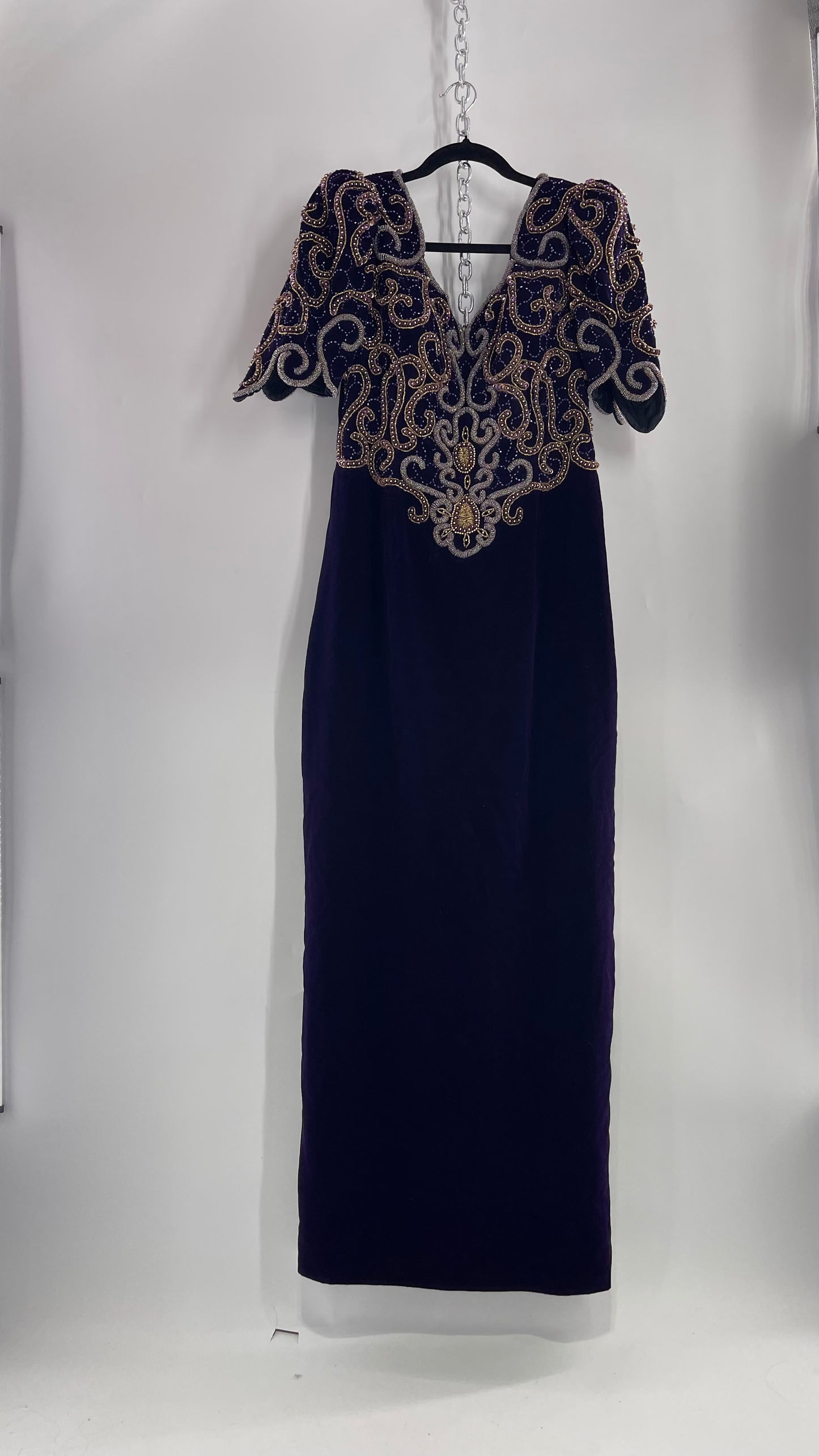 Vintage Landa Heavy Purple Velvet/Velour Gown with exaggerated Beaded Bodice (40)