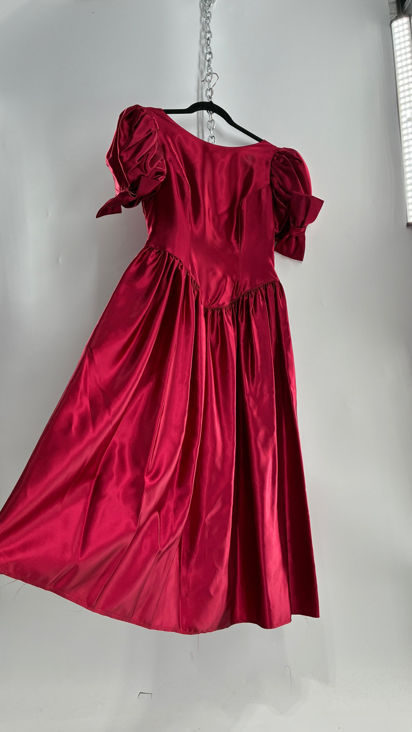 Vintage Red Silky Satin Corset Style Dress with Sweetheart Neckline, Puff Sleeves, Oversized Bow Bum, Open Back and Draping Pearls (10P)