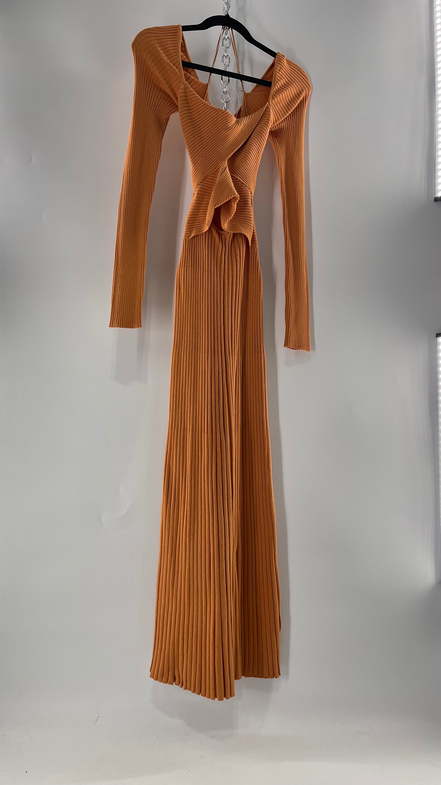 Free People Orange Ribbed Knit Maxi Dress with Cross Over Exposed Midriff Dress (Medium)