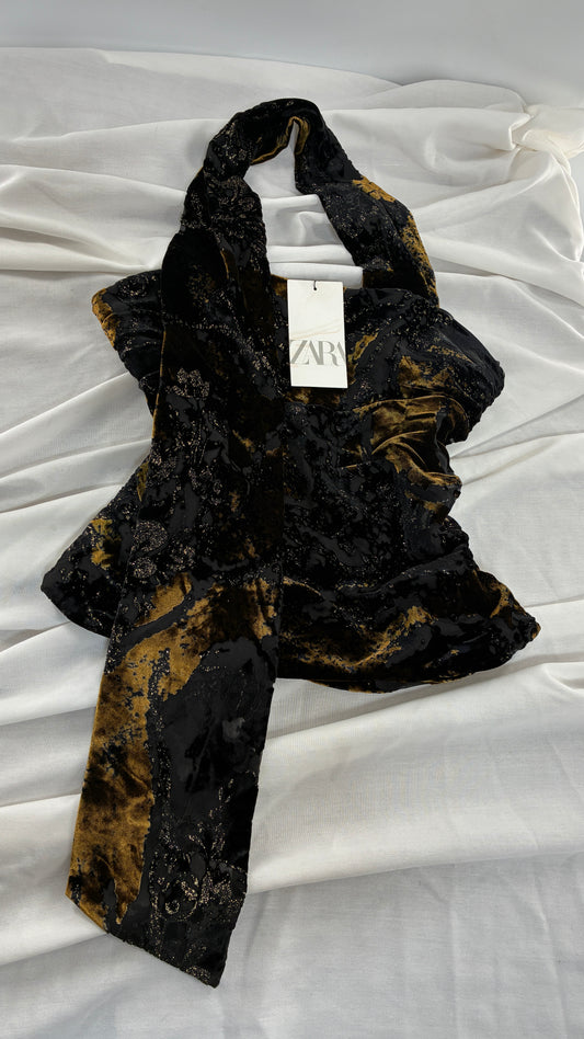 ZARA Black Burn Our Velour Wrap Scarf Corset with Tags (Medium)