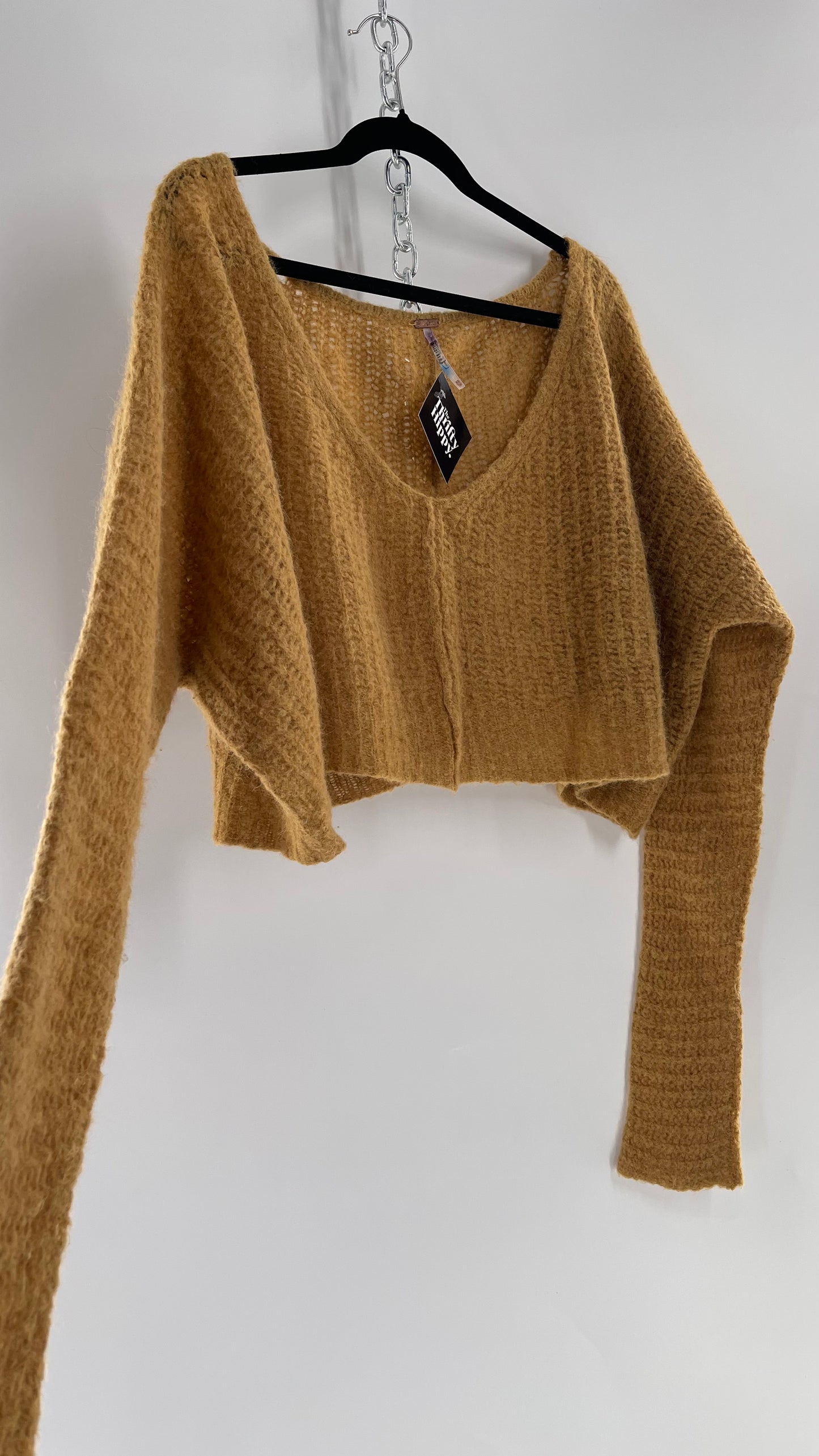 Free People Mustard Knit Cropped Sweater (XS) 88% Alpaca Fur
