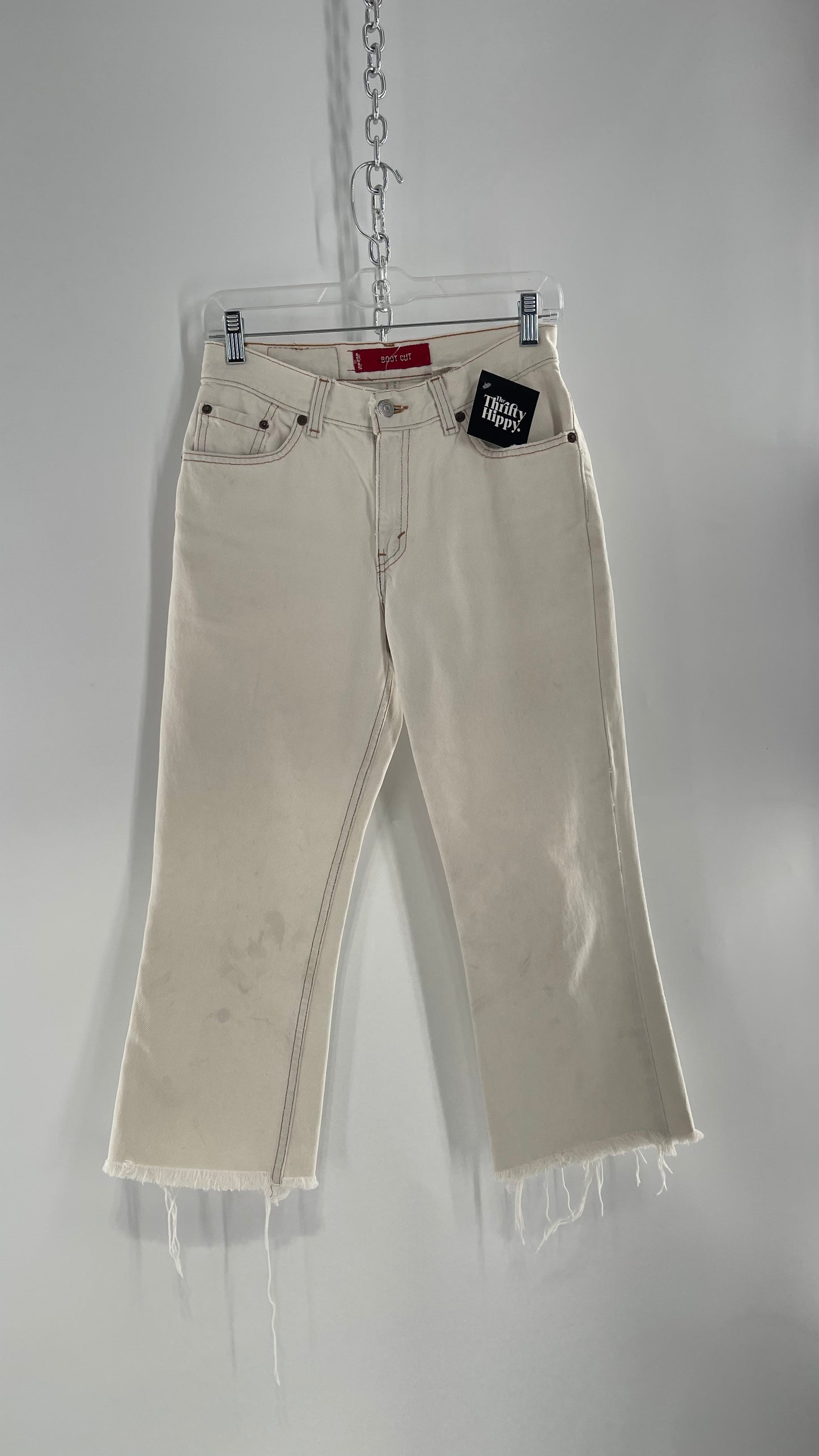 Vintage Levi’s 517 Distressed/Damaged White Denim Cropped Bootcut Jeans/Capri with Frayed Hem (2)