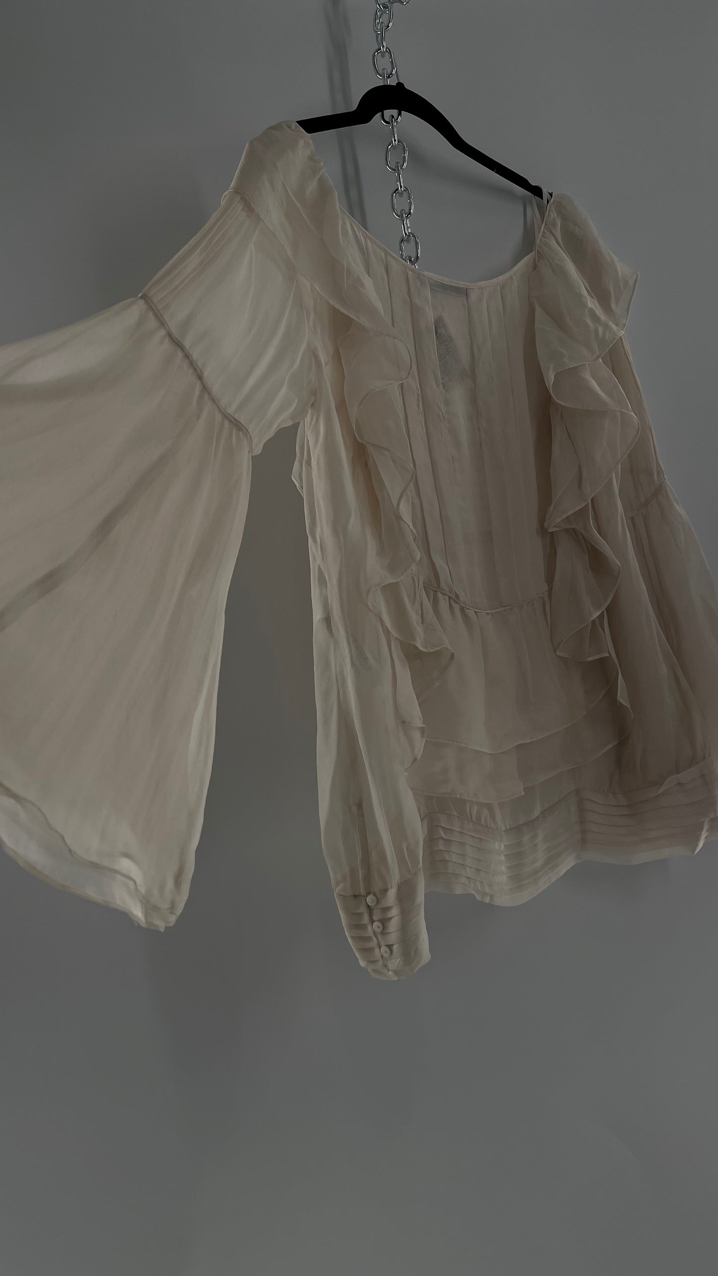ZARA Ruffled and Embroidered Bell Sleeve Blouse (Large)