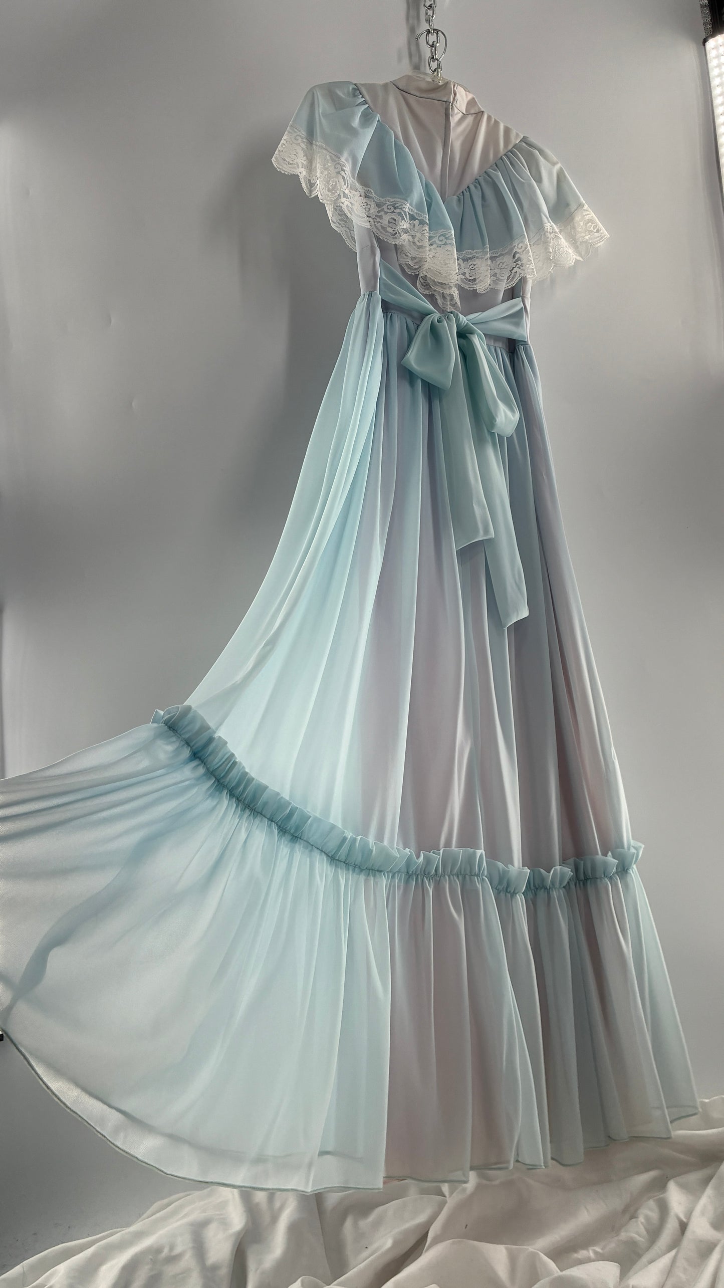 Vintage Handmade 1960s Powder Blue Overlay, Lilac Underlay Gown, Prairie Wedding Dress