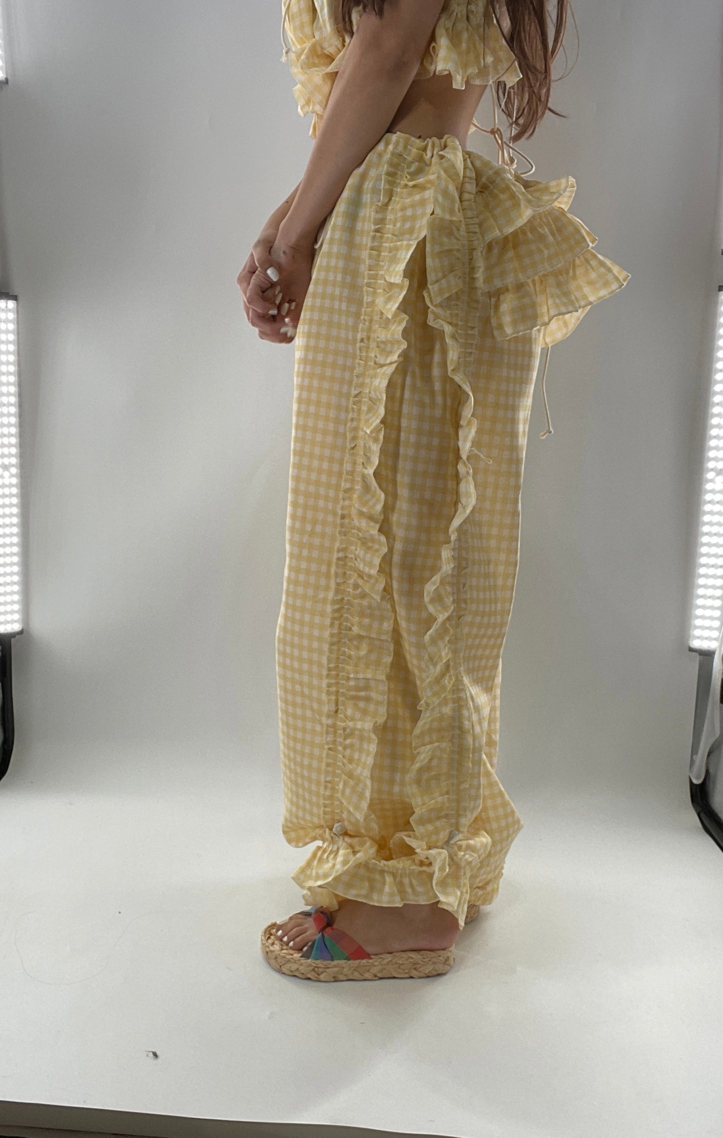 Vintage 2 Piece Yellow Checkered/Gingham Patterned Picnic Set with Ruched Bust Top and Ruffle Side Wide Legs with Adjustable Length, Strap Up Buttons on Hem (One Size)