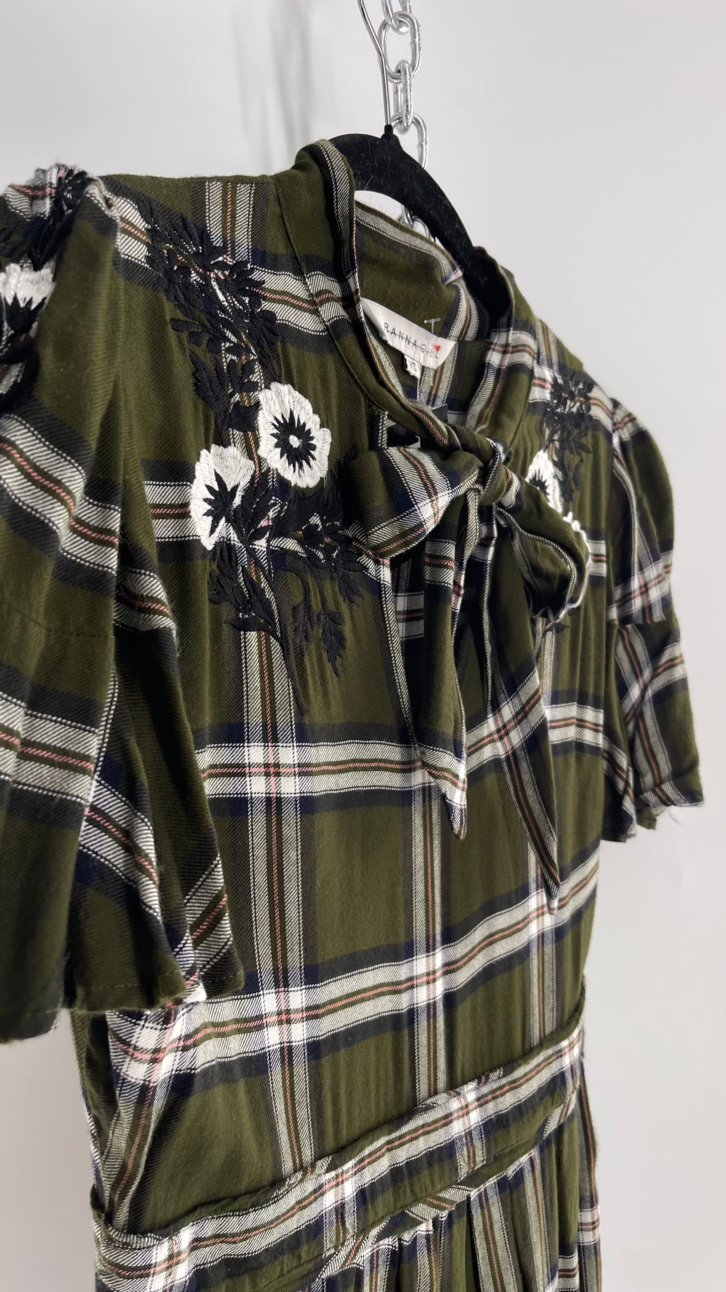 Ranna Gill Anthropologie Army Green Plaid Dress with Floral Embroidery and Bow Tie Detail (XS)