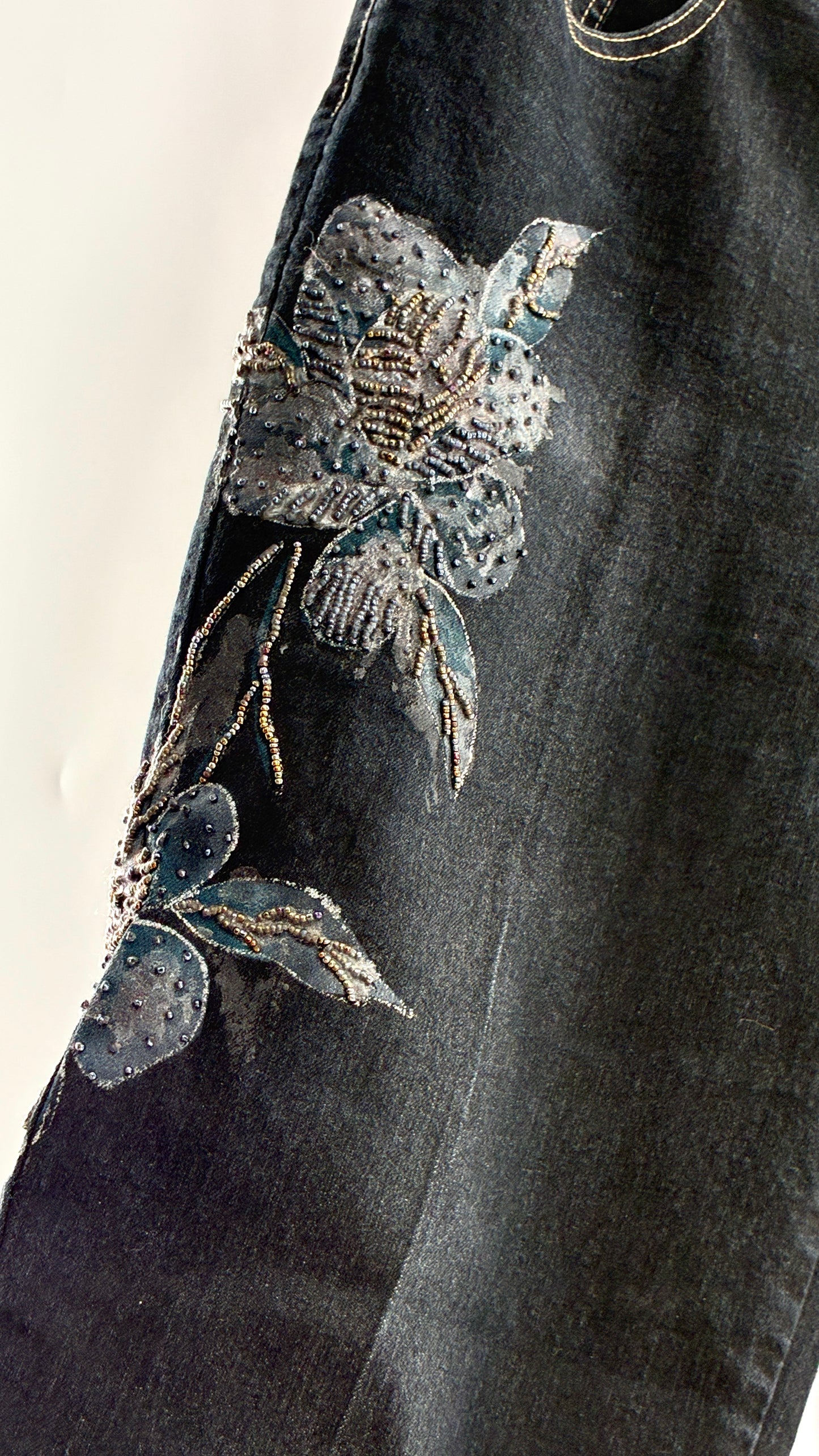 Vintage TEMCHE JEANS Dark Wash Jeans with Painted, Beaded Florals