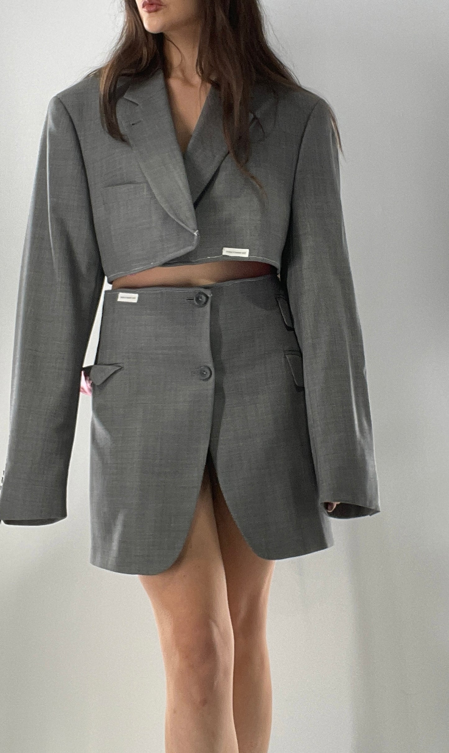 Custom Handmade Gray 2Piece Suit Set with Pink Satin Lining, Cropped Blazer, and Corseted Skirt (S-L)