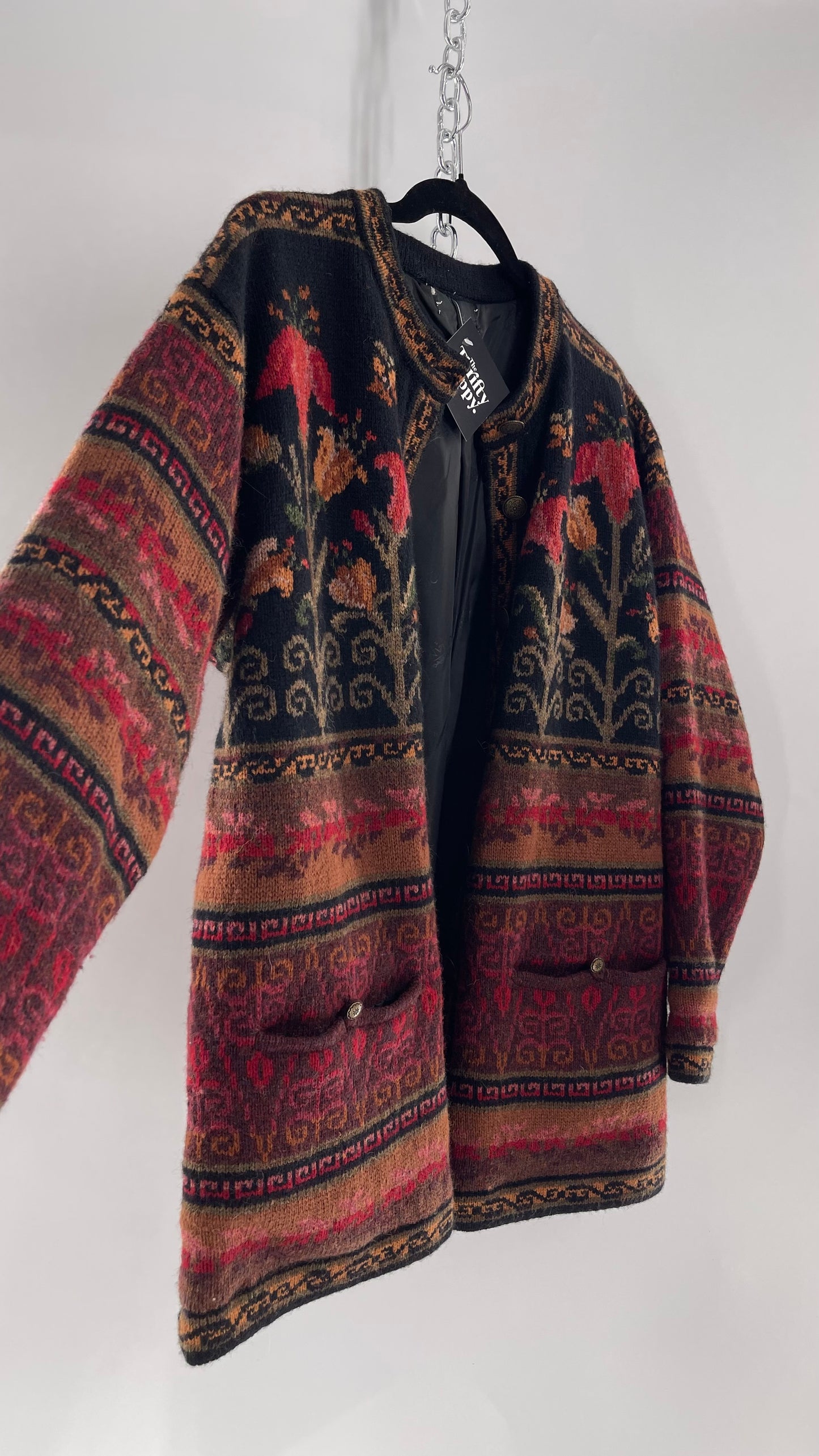 Vintage Iceland Design Wool Jacket with Brass Embossed Buttons and Folk Floral Patterning(C)(Medium)