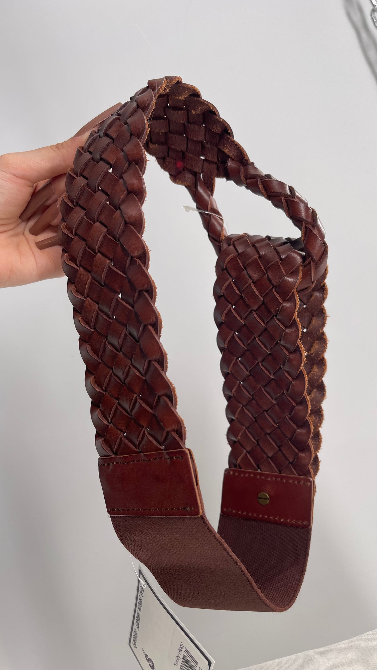 Brown Genuine Leather Woven Braided Wide Belt (Small)