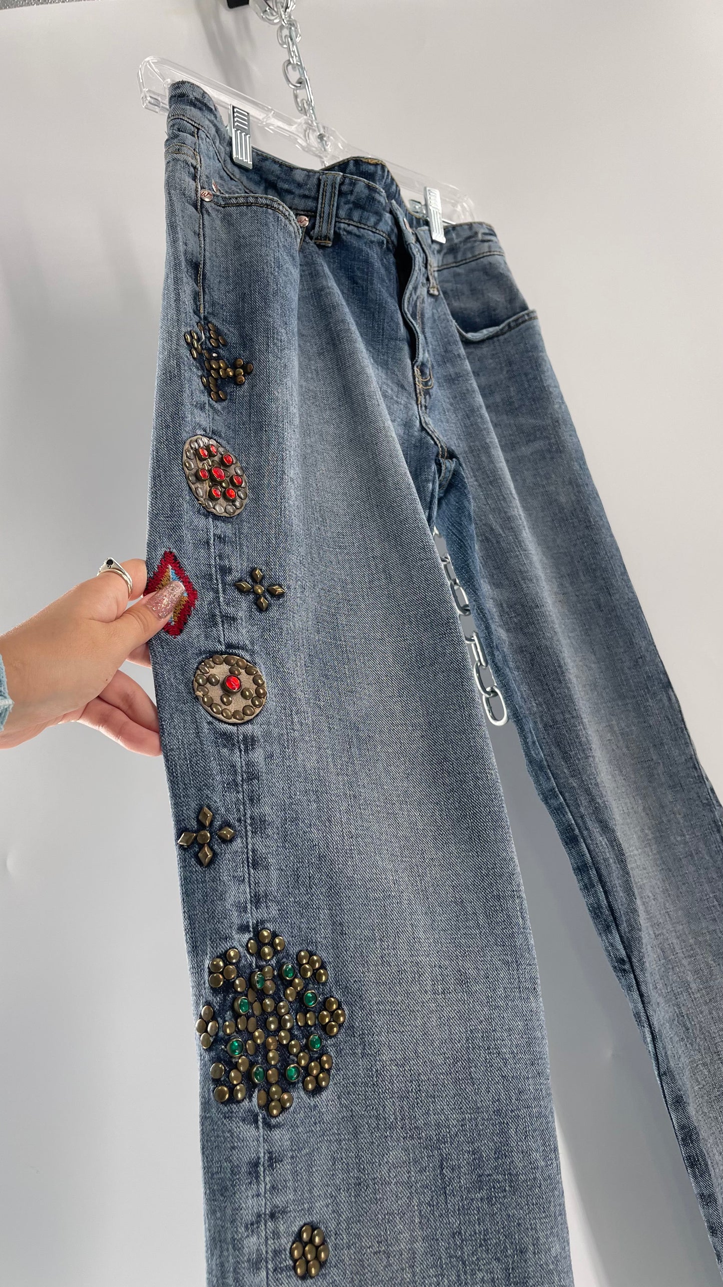 Western Denim Bank Light Wash Straight Legs with Gold/Bronze Metal Studs and Jewels (29)