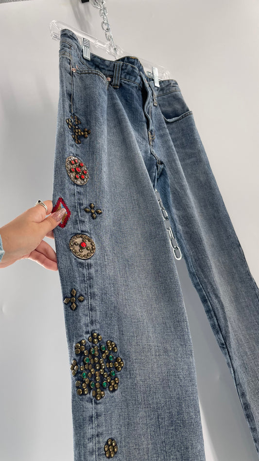 Western Denim Bank Light Wash Straight Legs with Gold/Bronze Metal Studs and Jewels (29)