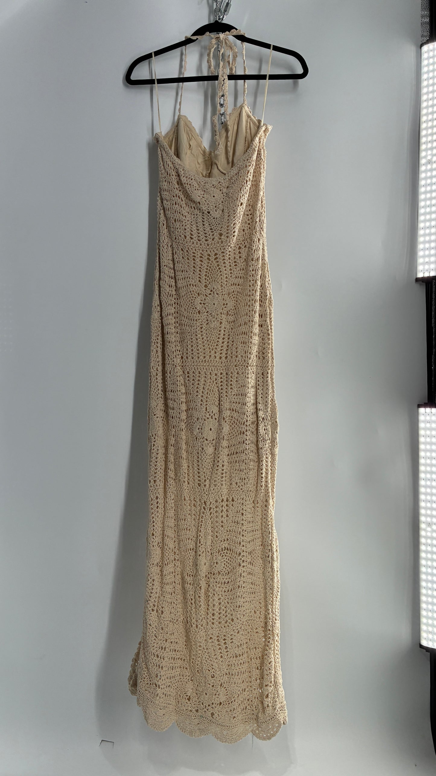 Free People Beige Crochet Knit Máxi Dress (Large)
