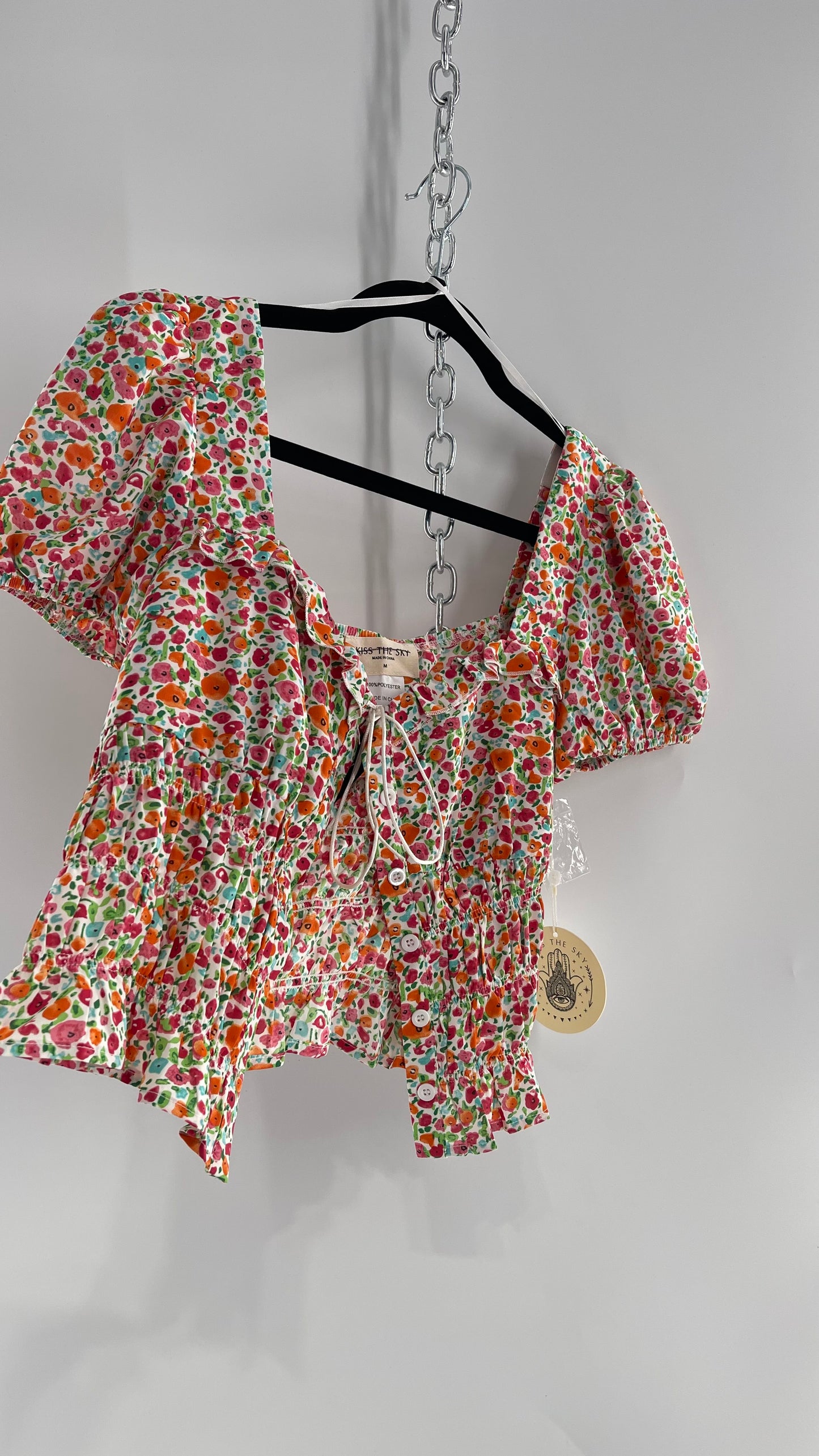 Free People Kiss The Sky Ribbon Bust Floral Prairie Top (Medium)