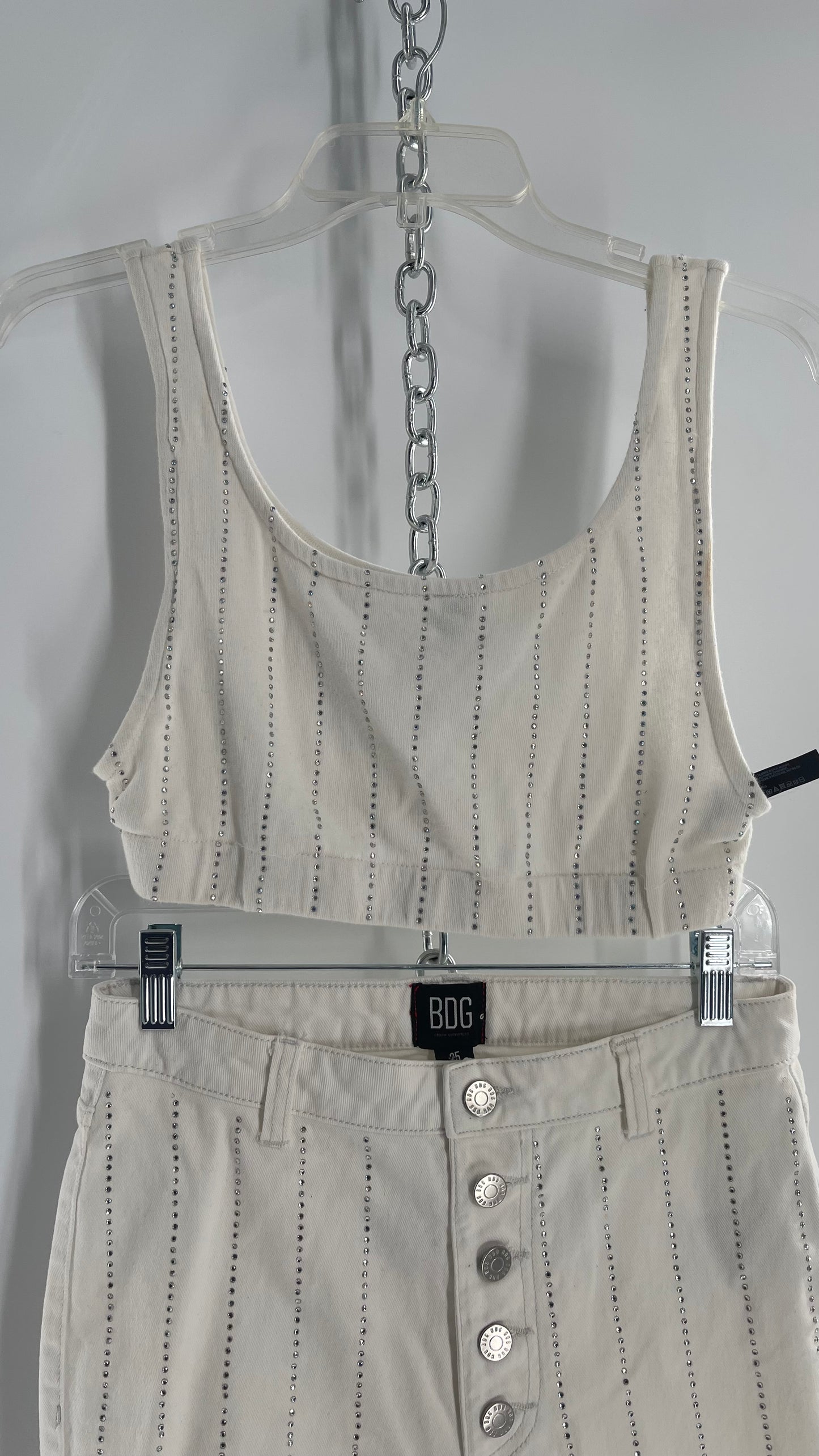 BDG White Jeans (S) With Rhinestones and Sleeveless Cropped White Top With Rhinestones Set (S)