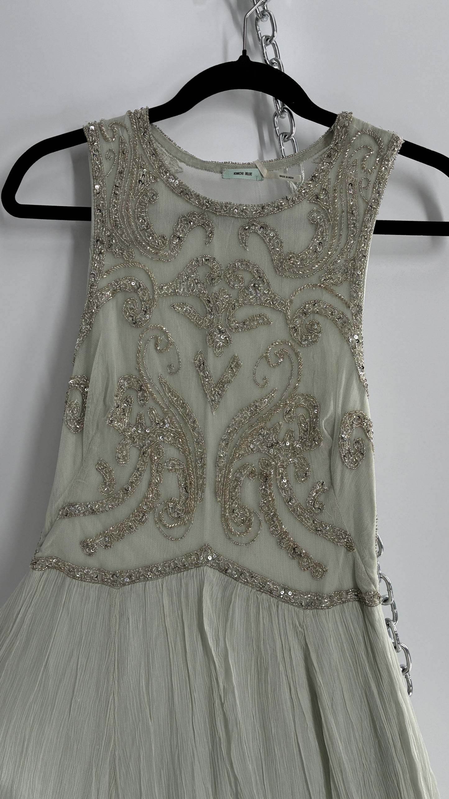KIMCHI BLUE Light Greyish Seafoam Green Crimped Gown with Beaded Bodice and Sheer Back (2)