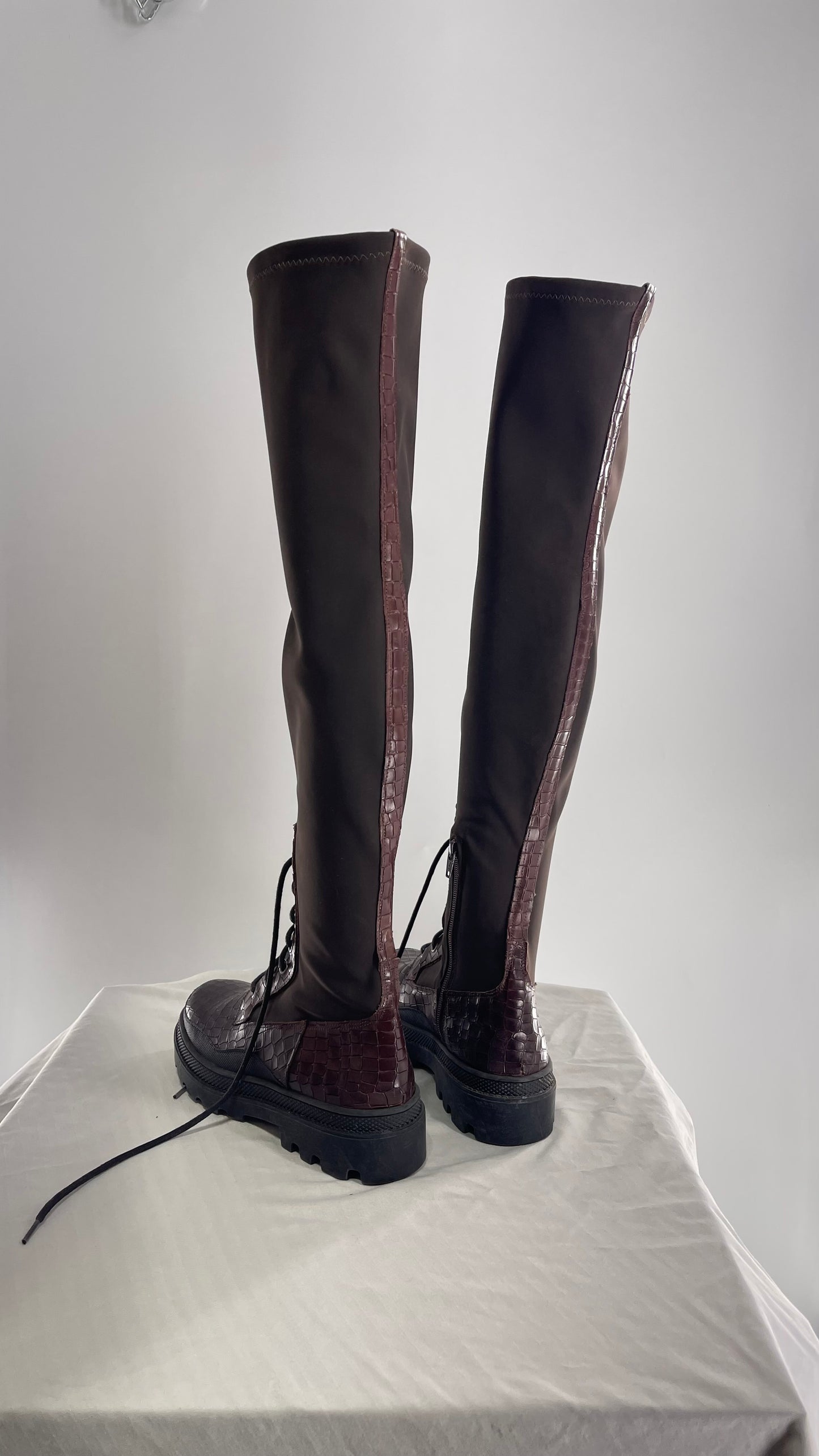 Free People Dark Brown Riding Style Embossed Knee High Platform Boots (39)