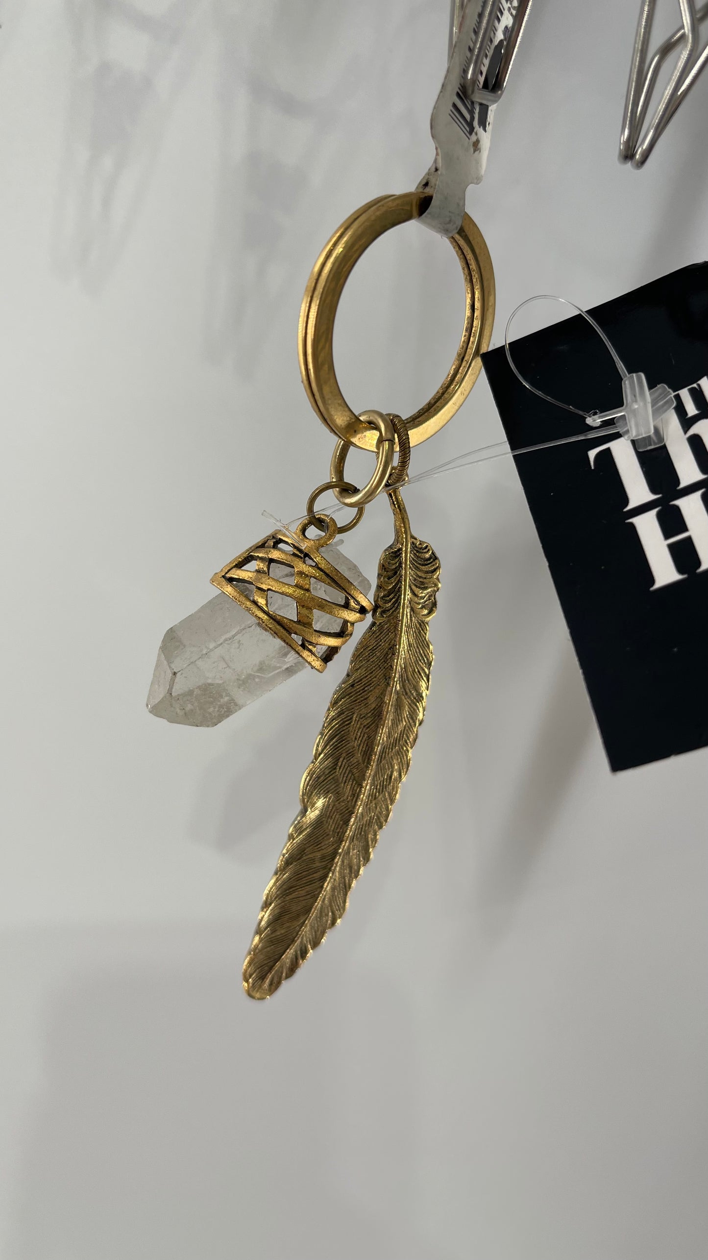 Free People Gold Metal Crystal Keychain with Feather