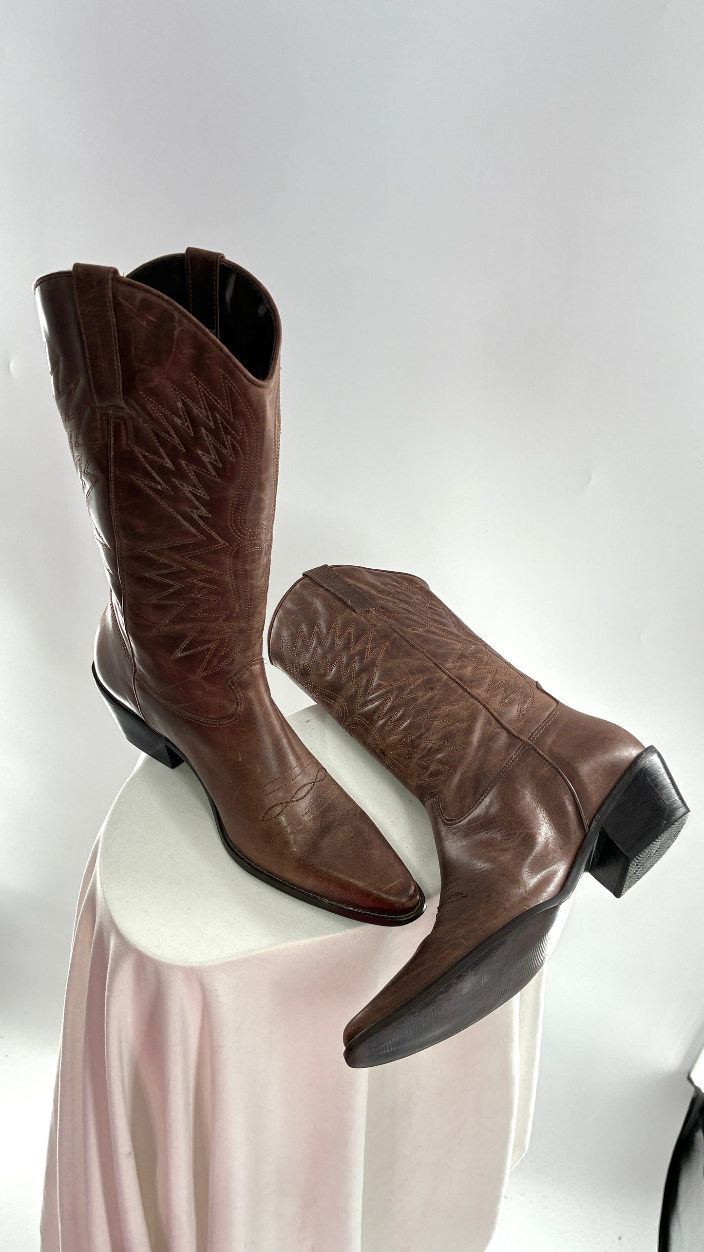 Vintage Genuine Leather Brown Cowboy Boots Made in Brazil (9.5)