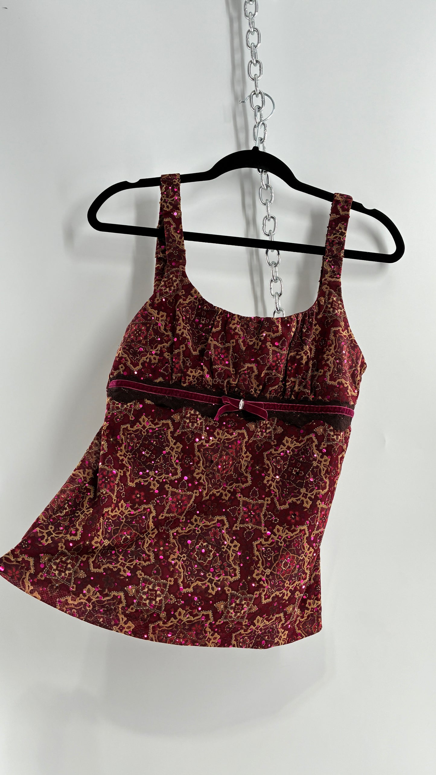 Vintage SELF ESTEEM Maroon Camisole with Sequins, Ruched Bust, and Velvet Ribbon Detail (Large)