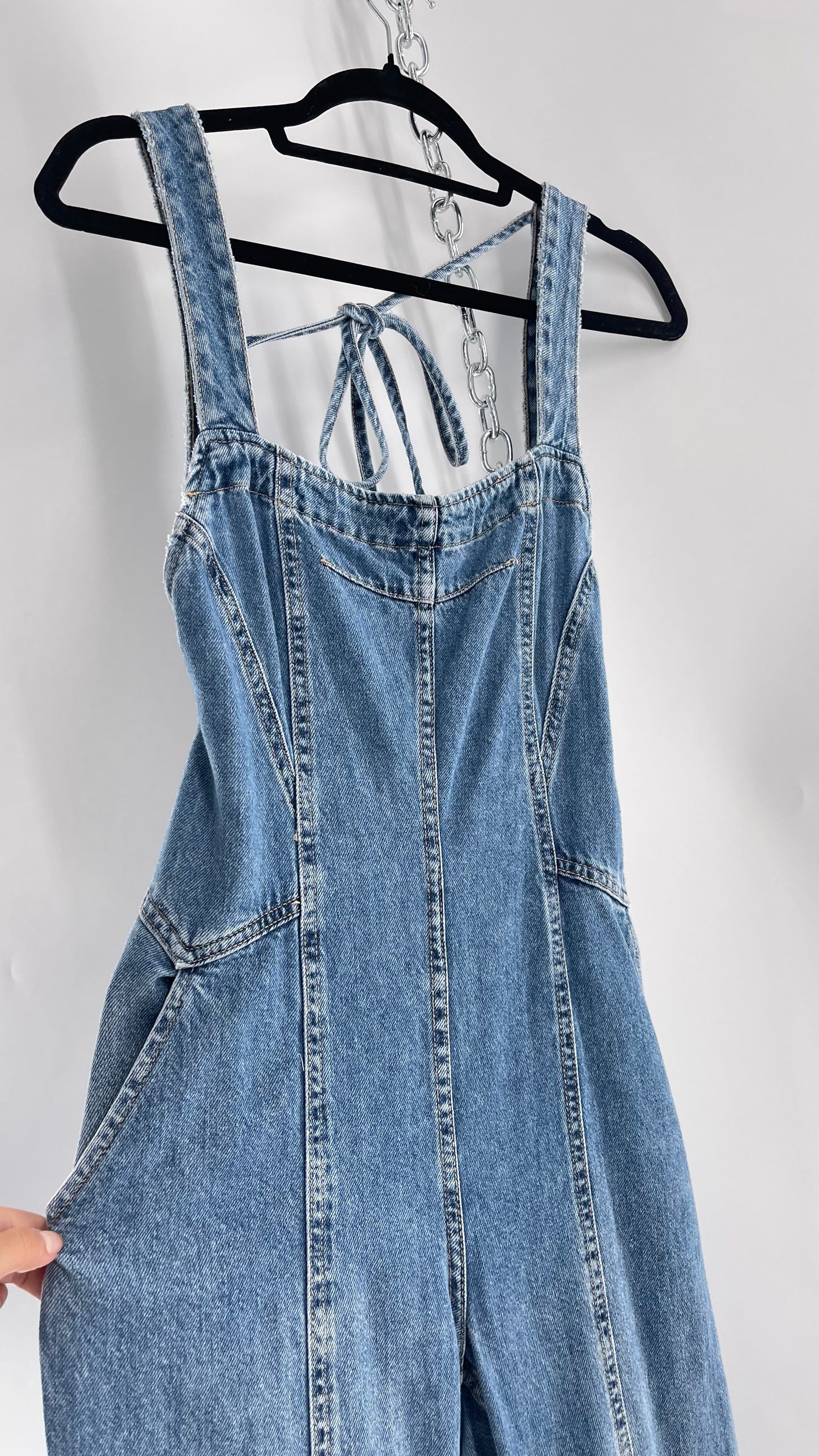 Free People Denim Backless Wide Leg Jumpsuit with Tags Attached (Small)