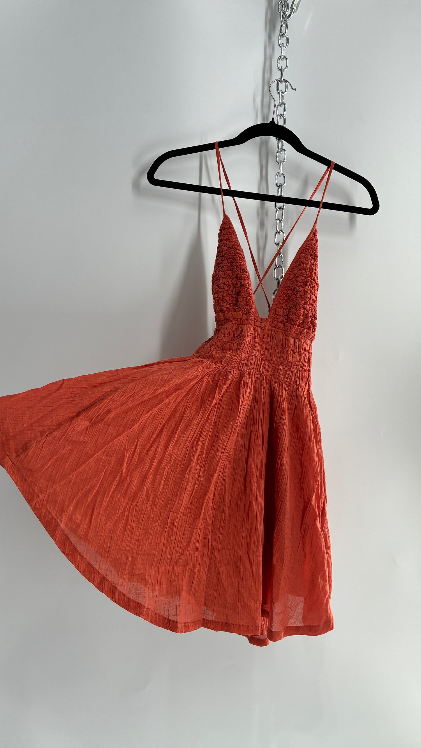 Free People Burnt Orange Smocked Bust Voluminous Mini Dress (Small)