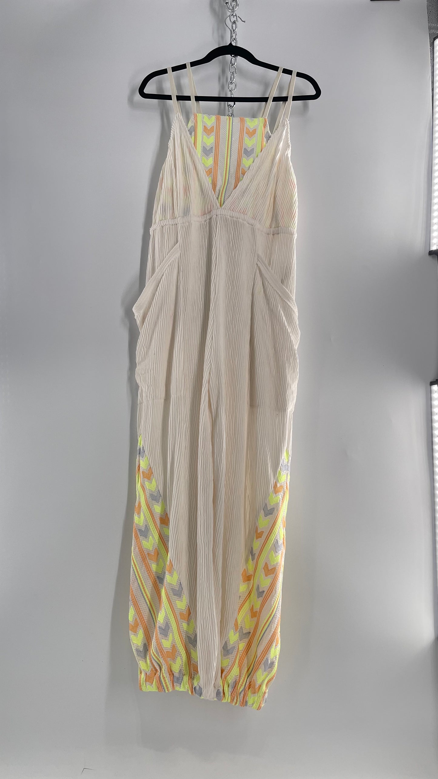 Free People Movement Cream Ribbed Jumpsuit with Yellow/Orange Embroidered Details and Waist Cinching Drawstring (Small)