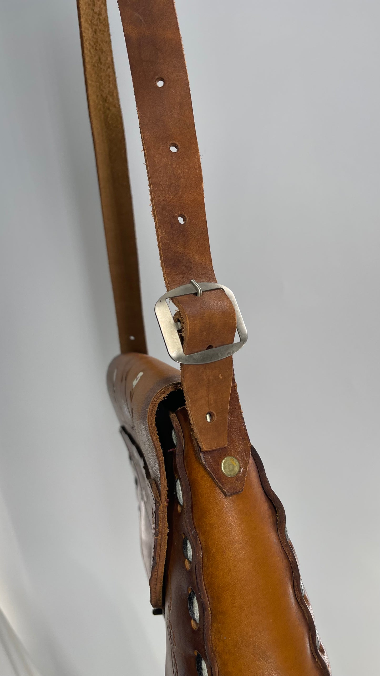 Vintage 1970s Mexico Leather Saddle Bag with Engravings, Stitching and Turnstile Closure