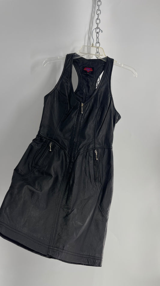 Vintage 1980s VERDUCCI Black Leather Zip Front Mini Dress (Small)