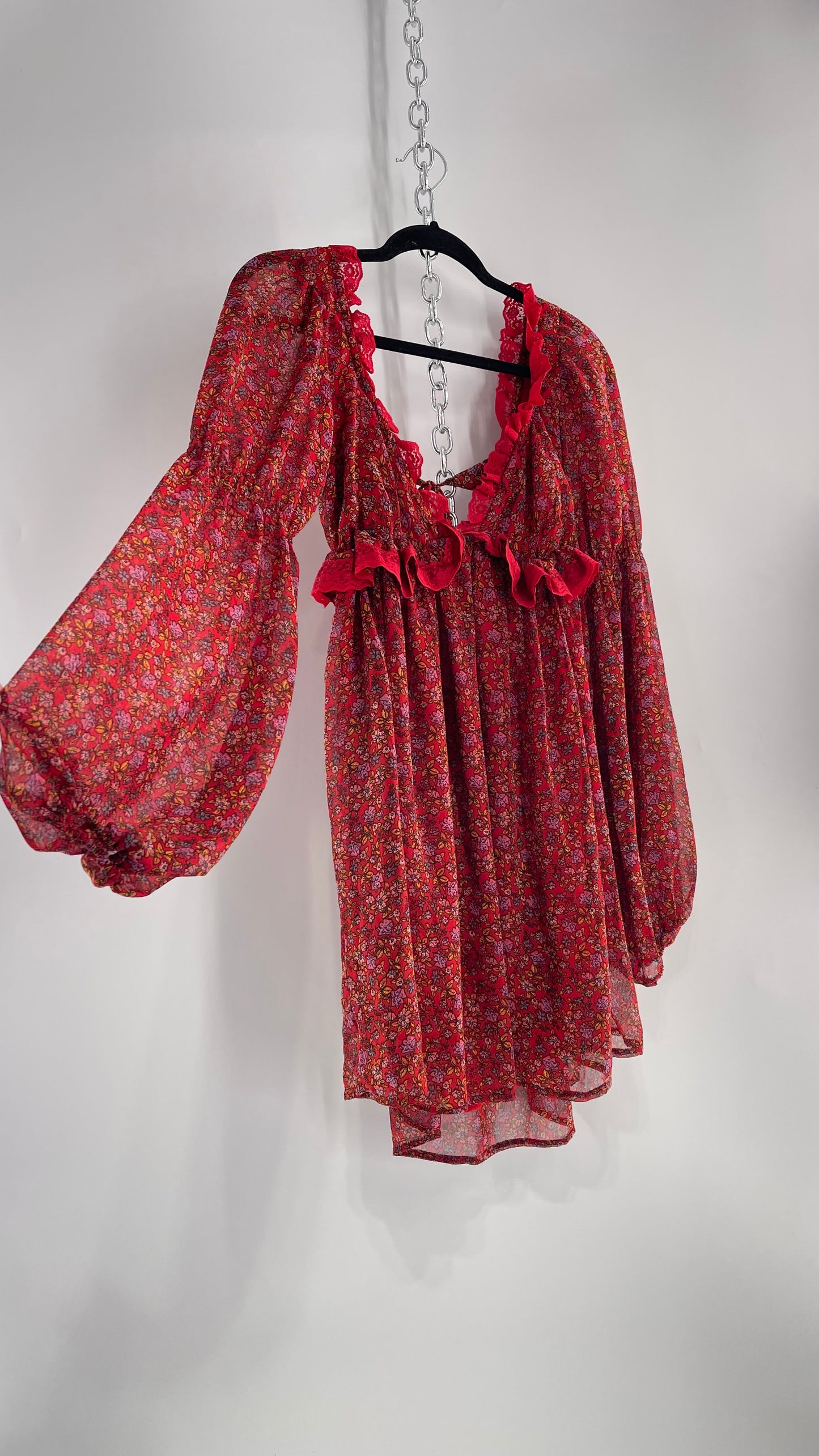 Free People Red Floral Mini Dress with Lace Trim, Open Back and Balloon Sleeves (Small)