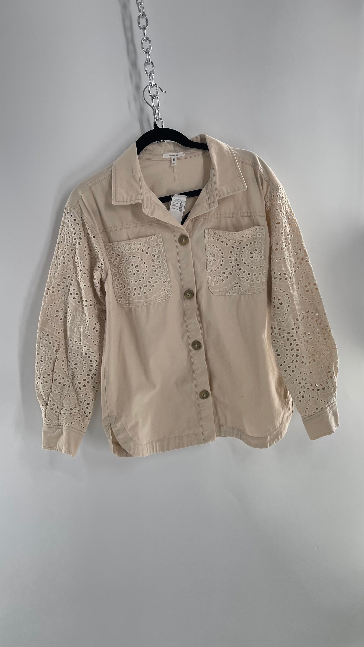 Maurices Anthropologie Beige Cotton Button Up with Eyelet Lace Sleeves and Pockets with Tags Attached (XS)