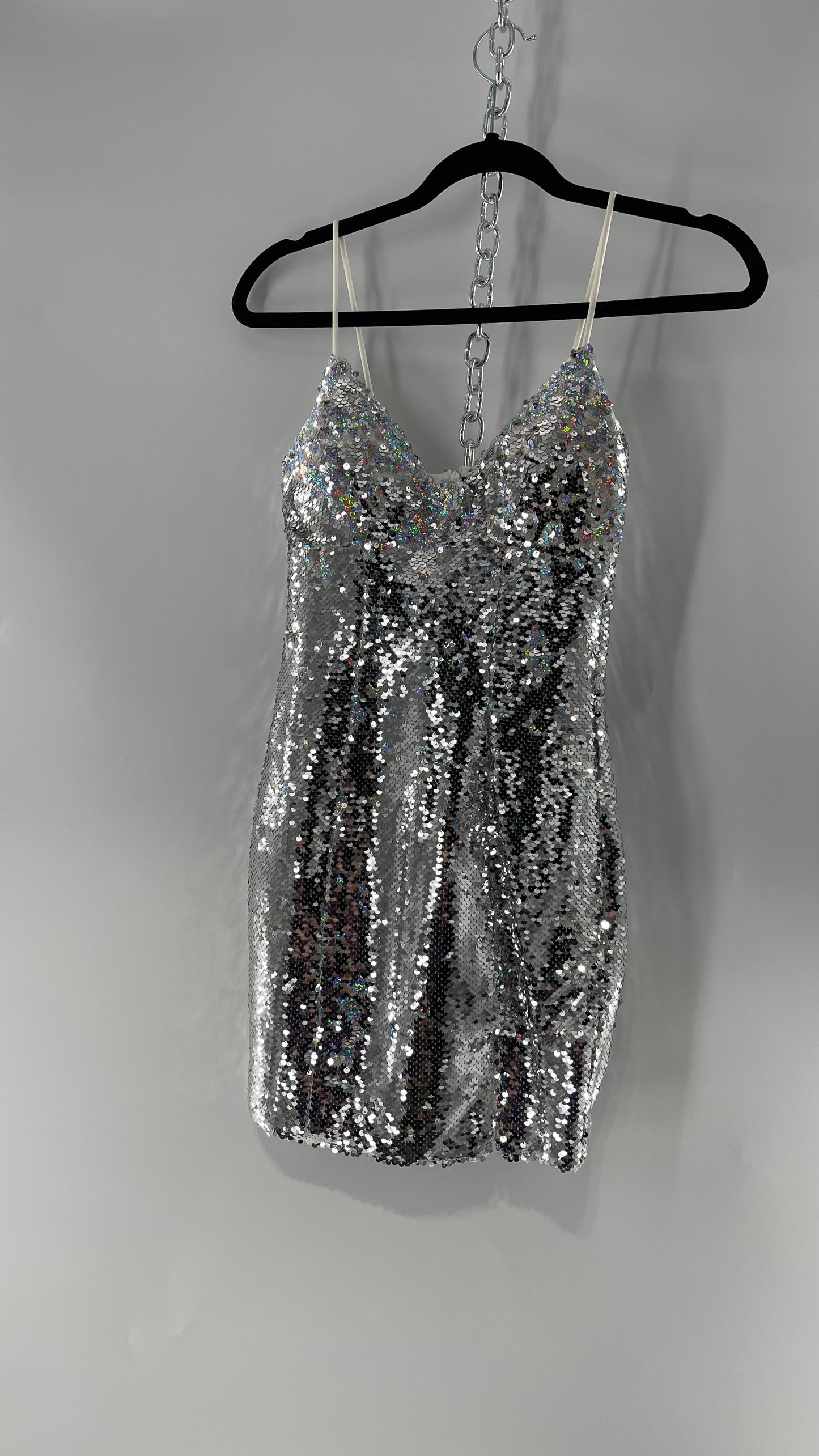 Princess Polly Silver Iridescent Sequin Mini Dress with Triangle Cups and Thigh Slit (0)