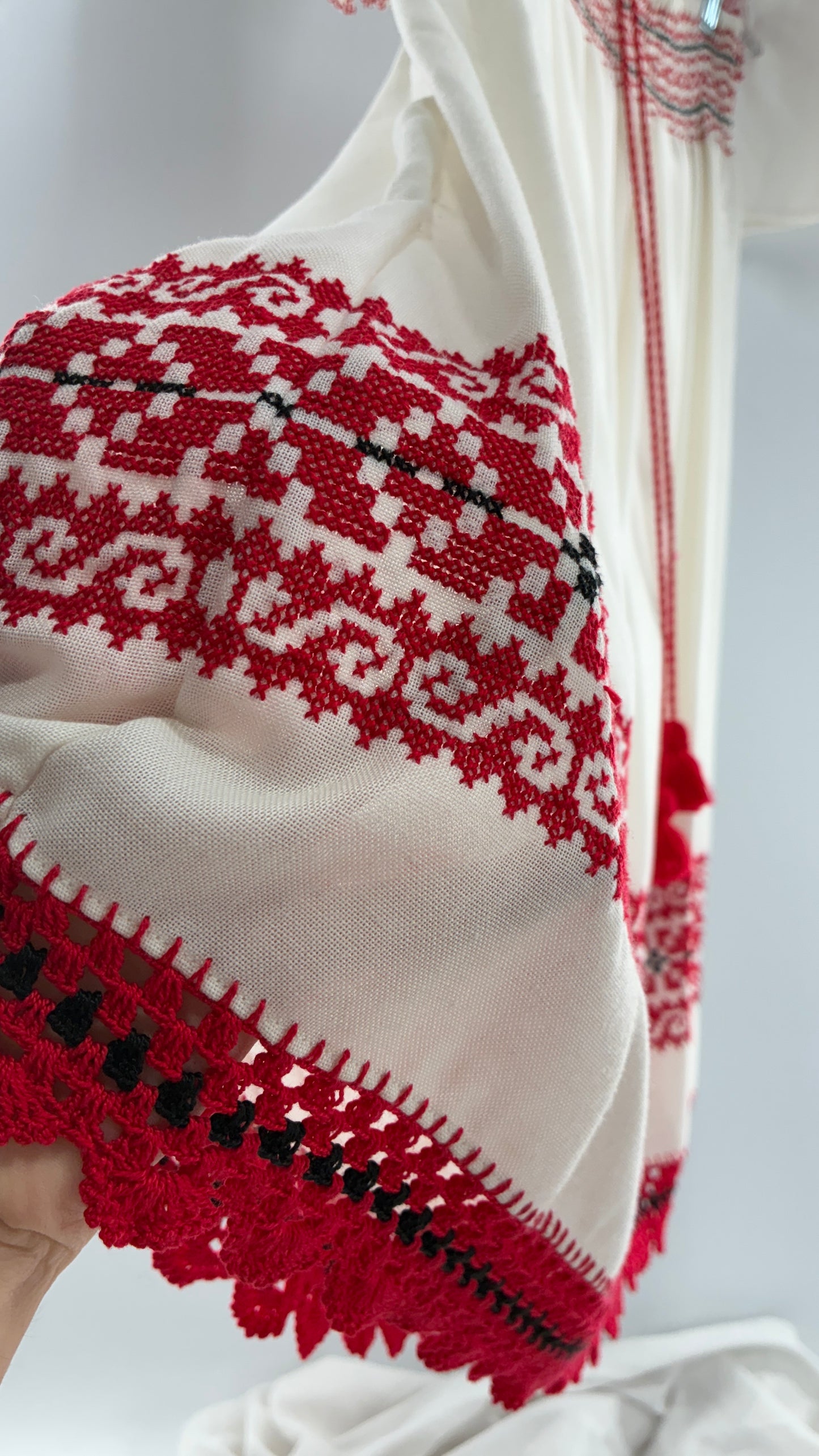 Vintage 1970s LUX FOLKLOR Budapest Handmade Cotton Long Sleeve and Skirt Covered in Red Embroidery and Stitching