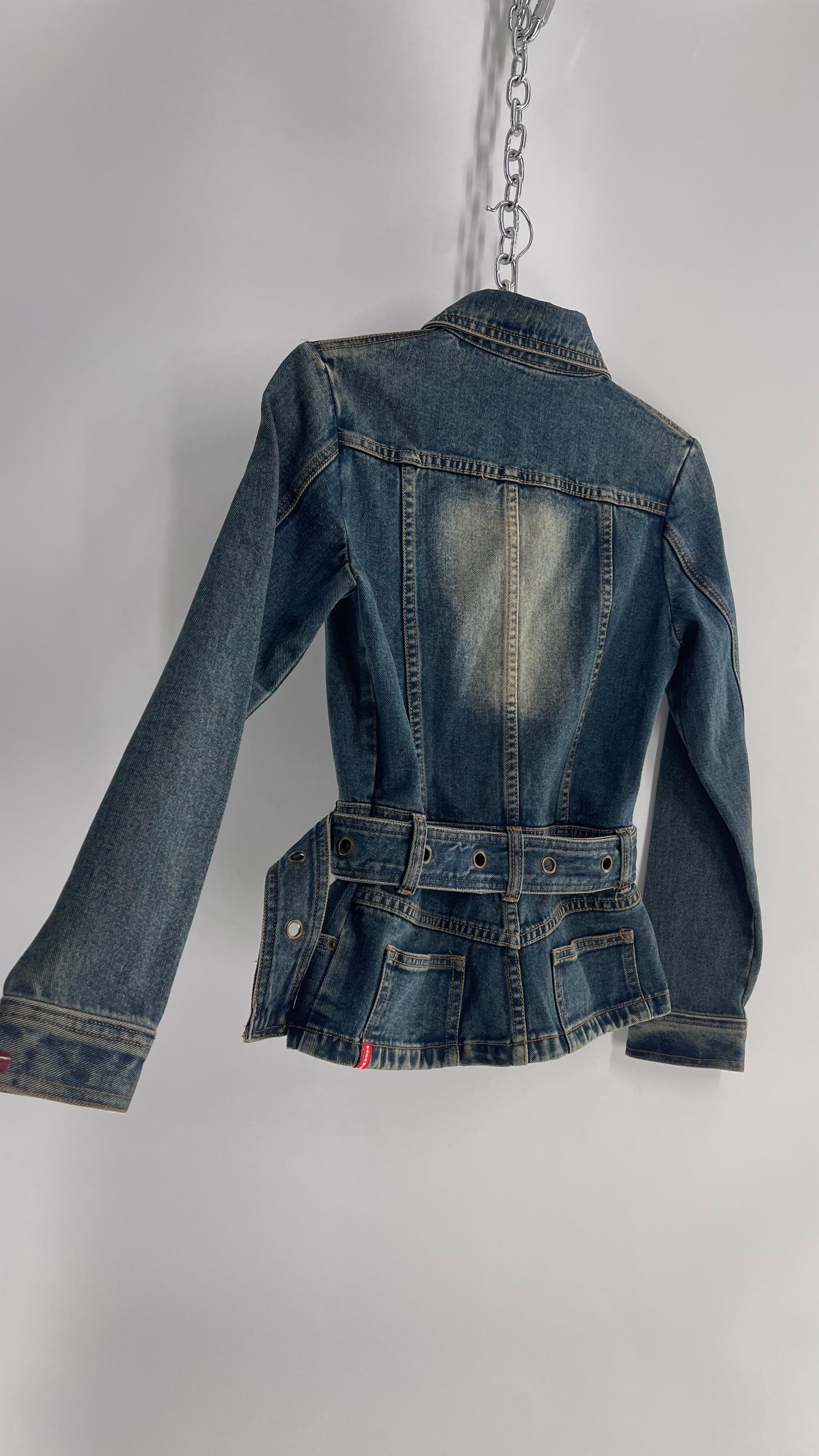 Vintage Madame Denim Culture Medium Wash Fade Jacket with Waist Belt and Back Pocket Details (Medium)