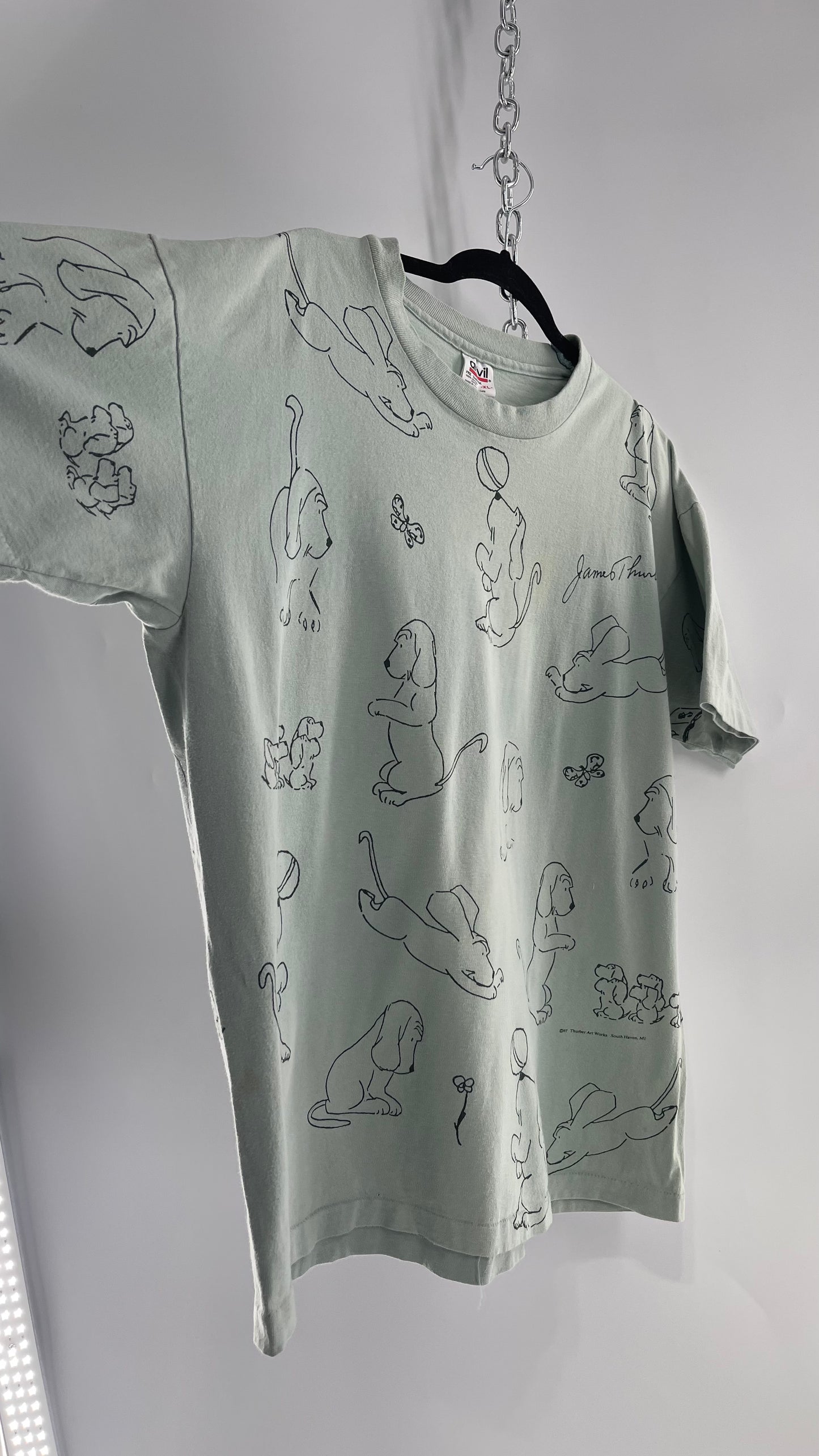 Vintage James Thurber Light Sage Nostalgic Puppy Doodle Comic Sketch T Shirt (XL)