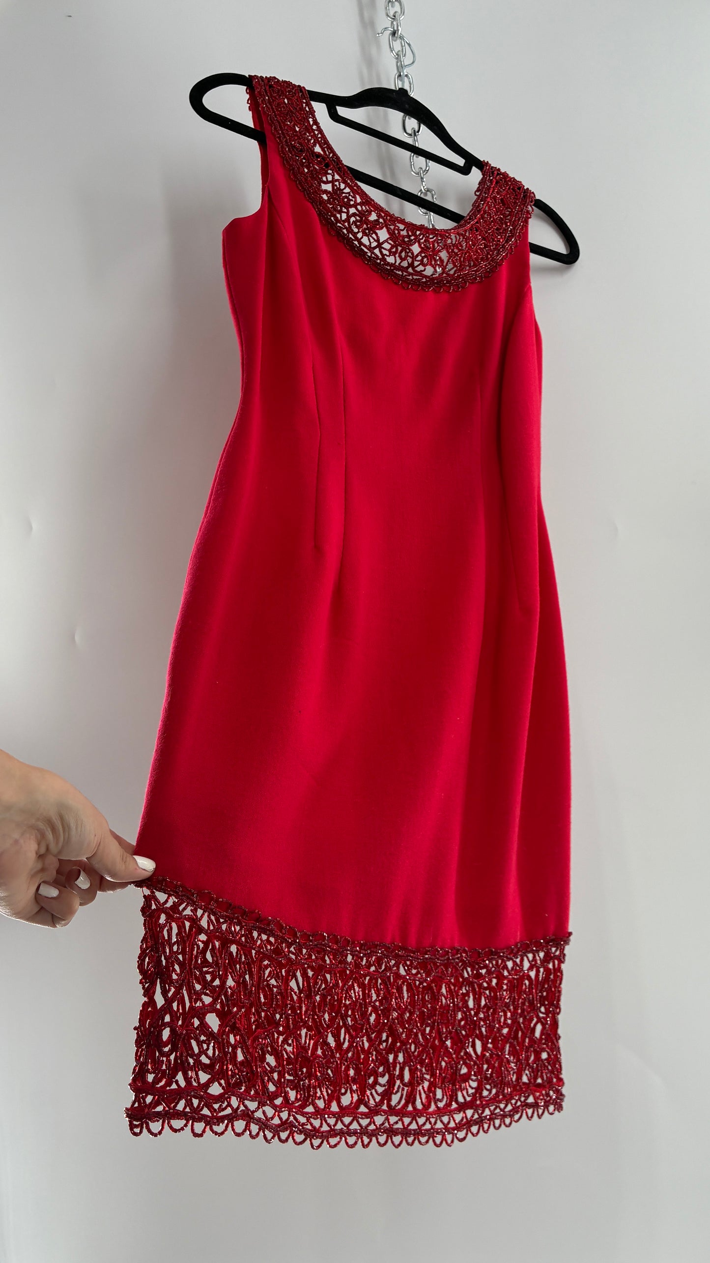 Vintage CARMEN MARC VALVO Red 100% Fitted, Tailored Wool Dress with Beaded Hem and Neckline (6)