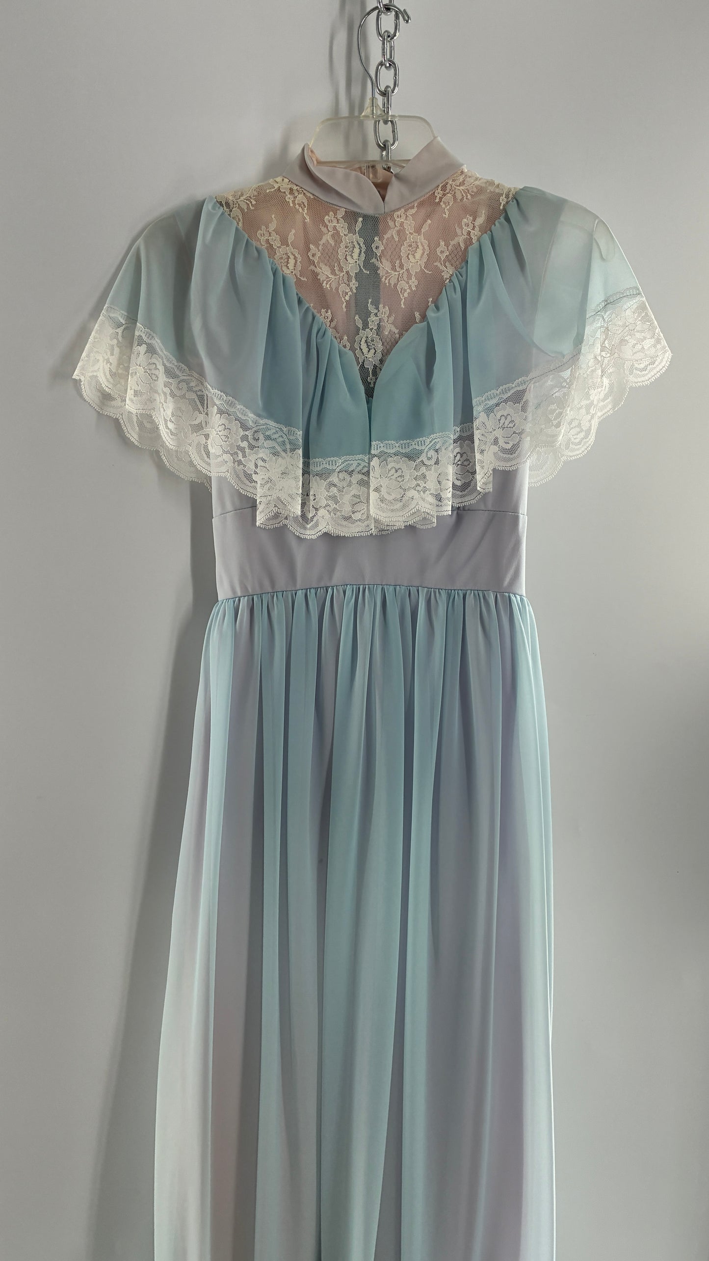 Vintage Handmade 1960s Powder Blue Overlay, Lilac Underlay Gown, Prairie Wedding Dress