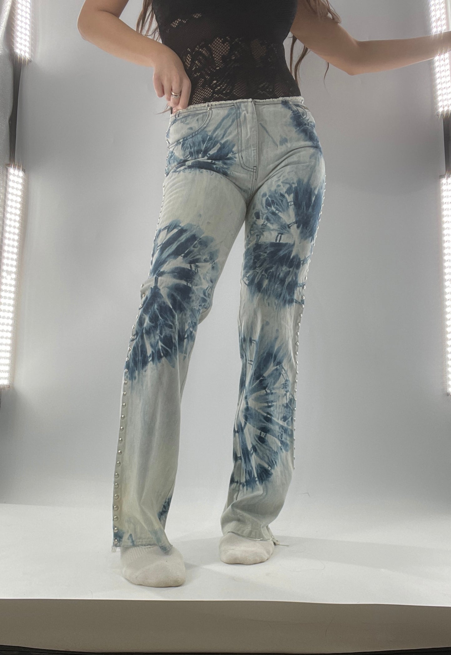 Vintage 1990s DKNY Light Bleached Jeans with Tie Dye Denim Pattern, Raw Edge Low Rise, and Studded Sides (5)